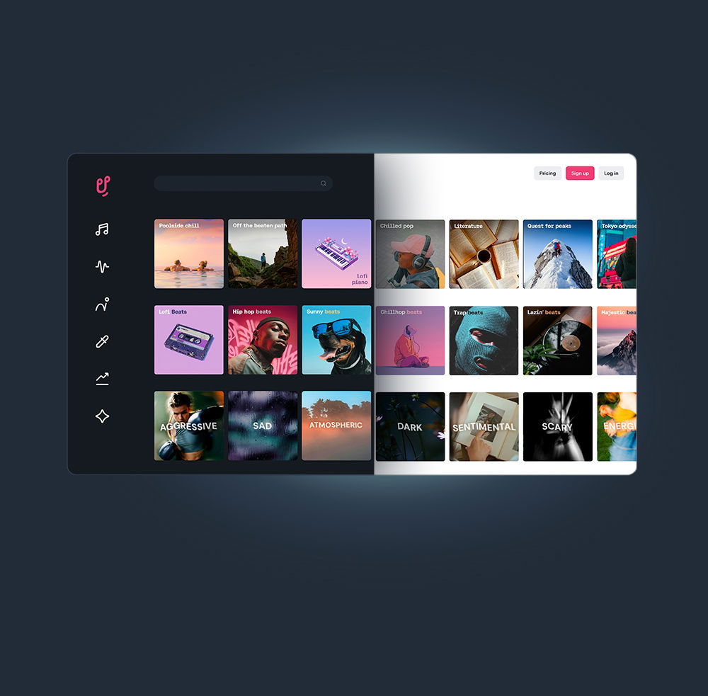 The Uppbeat website, split between light and dark colour themes.