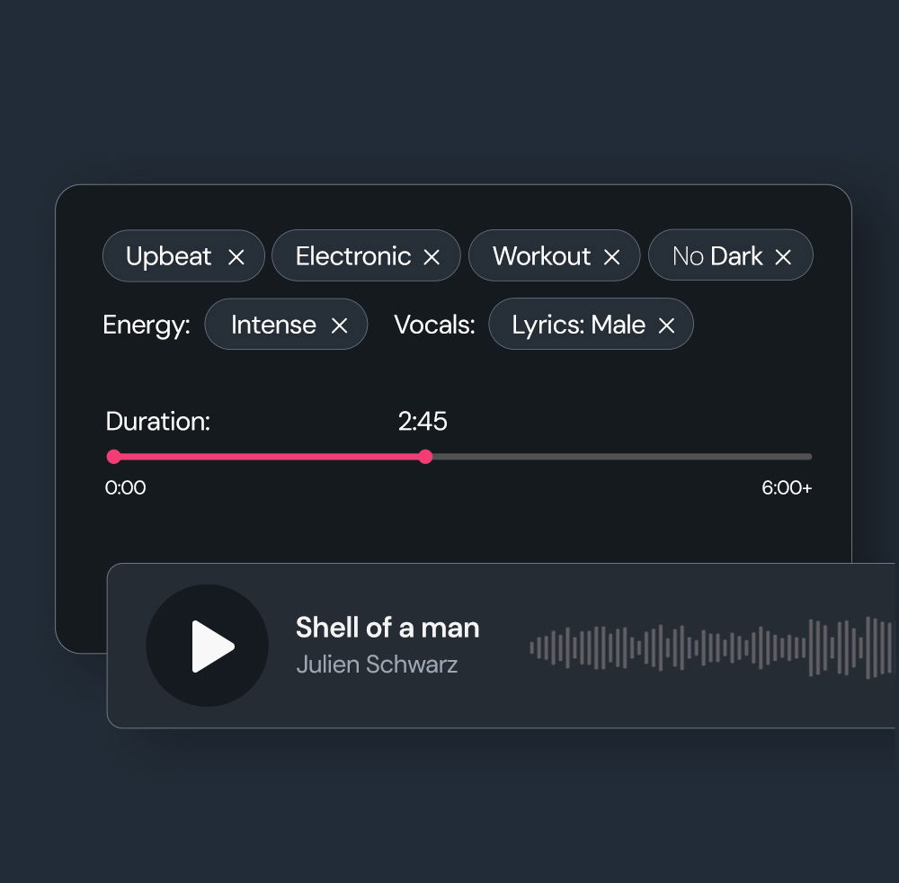 A selection of our filters, including applied and excluded styles, energy, vocals and a slider for duration.