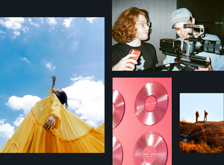 Hero image: a montage of photos showing a person dancing in front of a blue sky, a wall of pink records, two people in an autumn field, and two friends setting up a camera for filming.