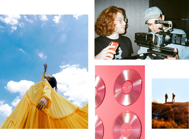 Hero image: a montage of photos showing a person dancing in front of a blue sky, a wall of pink records, two people in an autumn field, and two friends setting up a camera for filming.
