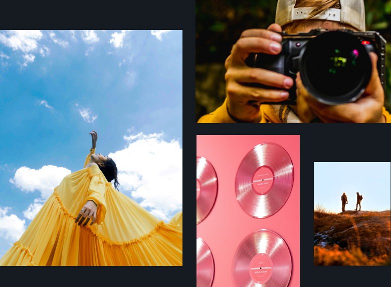 Montage of creators dancing, filming, and taking photos in colorful scenes.