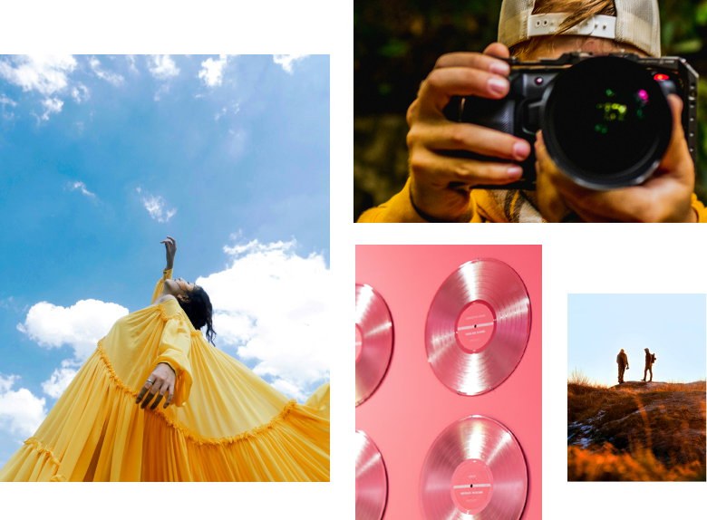 Montage of creators dancing, filming, and taking photos in colorful scenes.