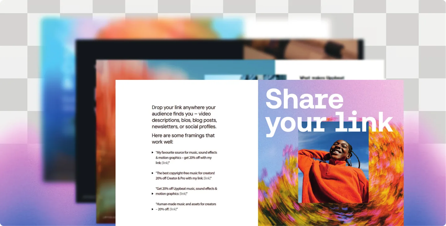 Preview of pages from the Uppbeat media kit, including logos and ready-to-post social graphics
