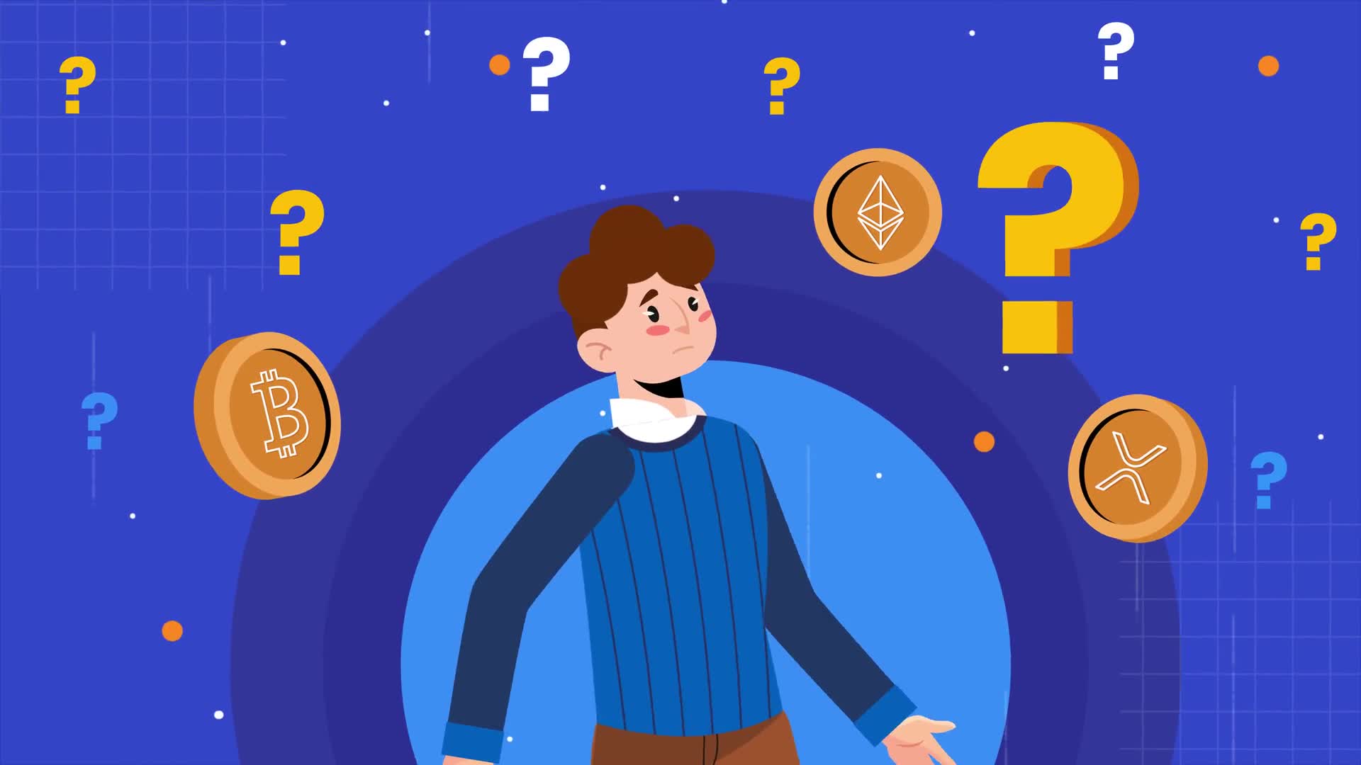 Confused Man Surrounded By Crypto Coins
