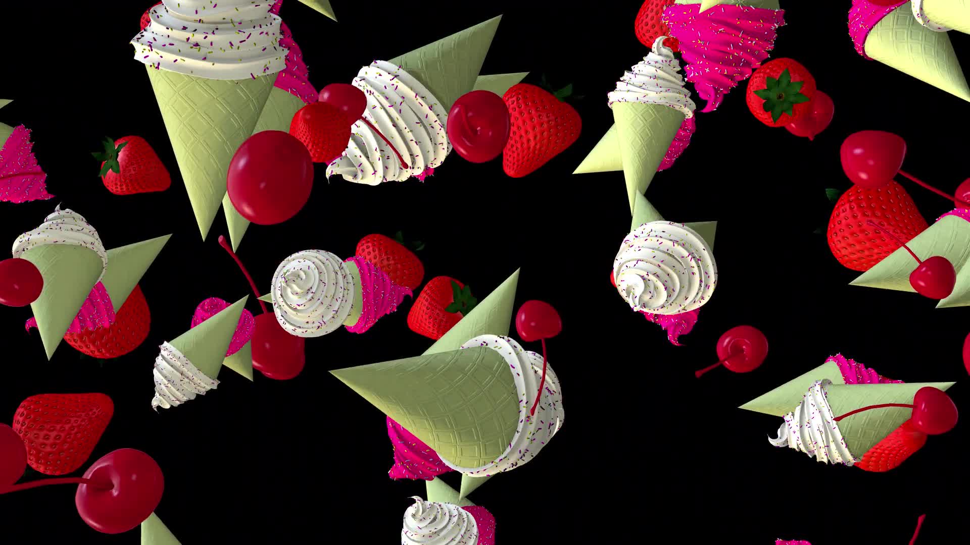 3D Ice Cream Cones And Fruit On Alpha