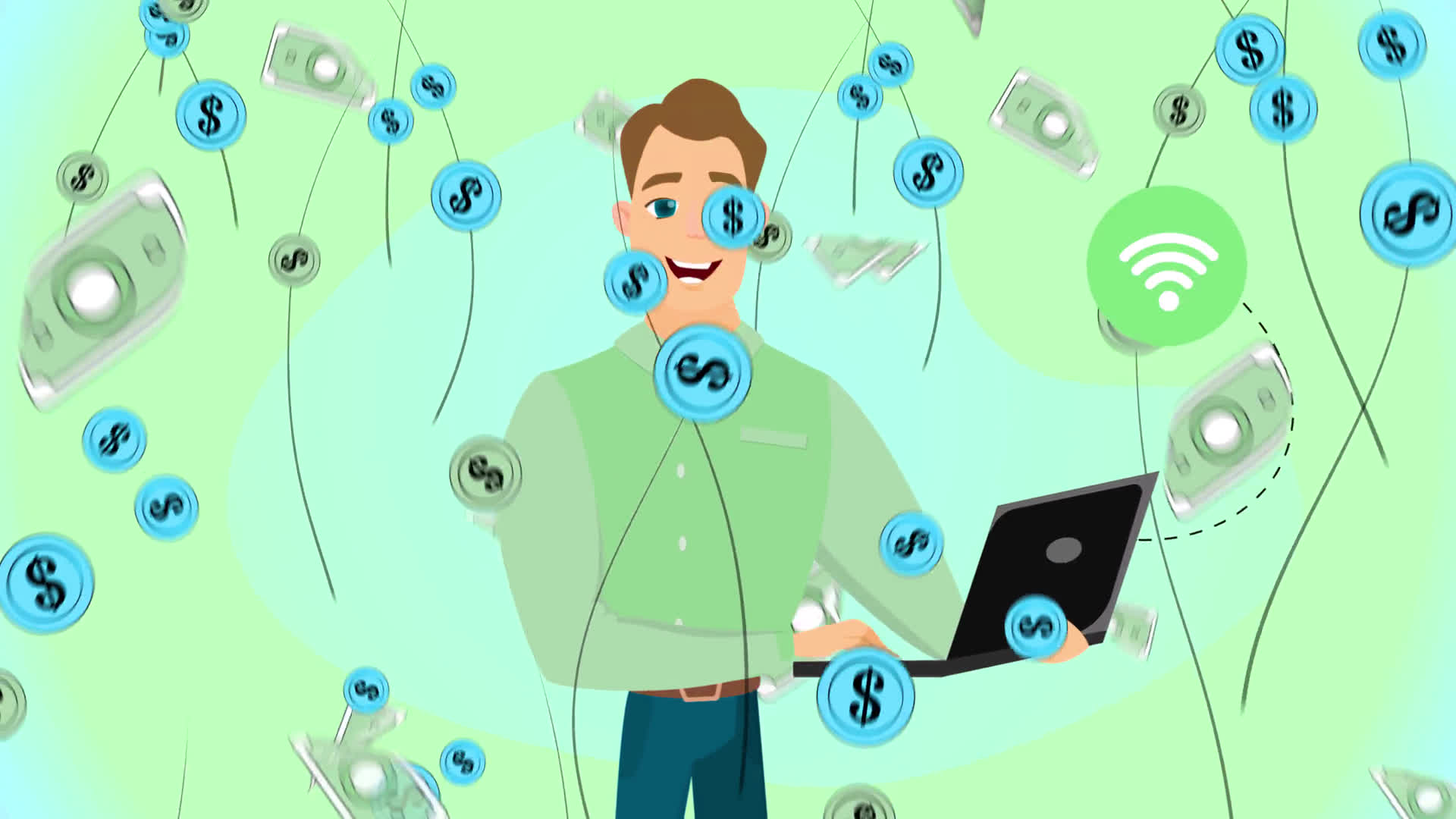 Money Raining Down On A Man Working Online