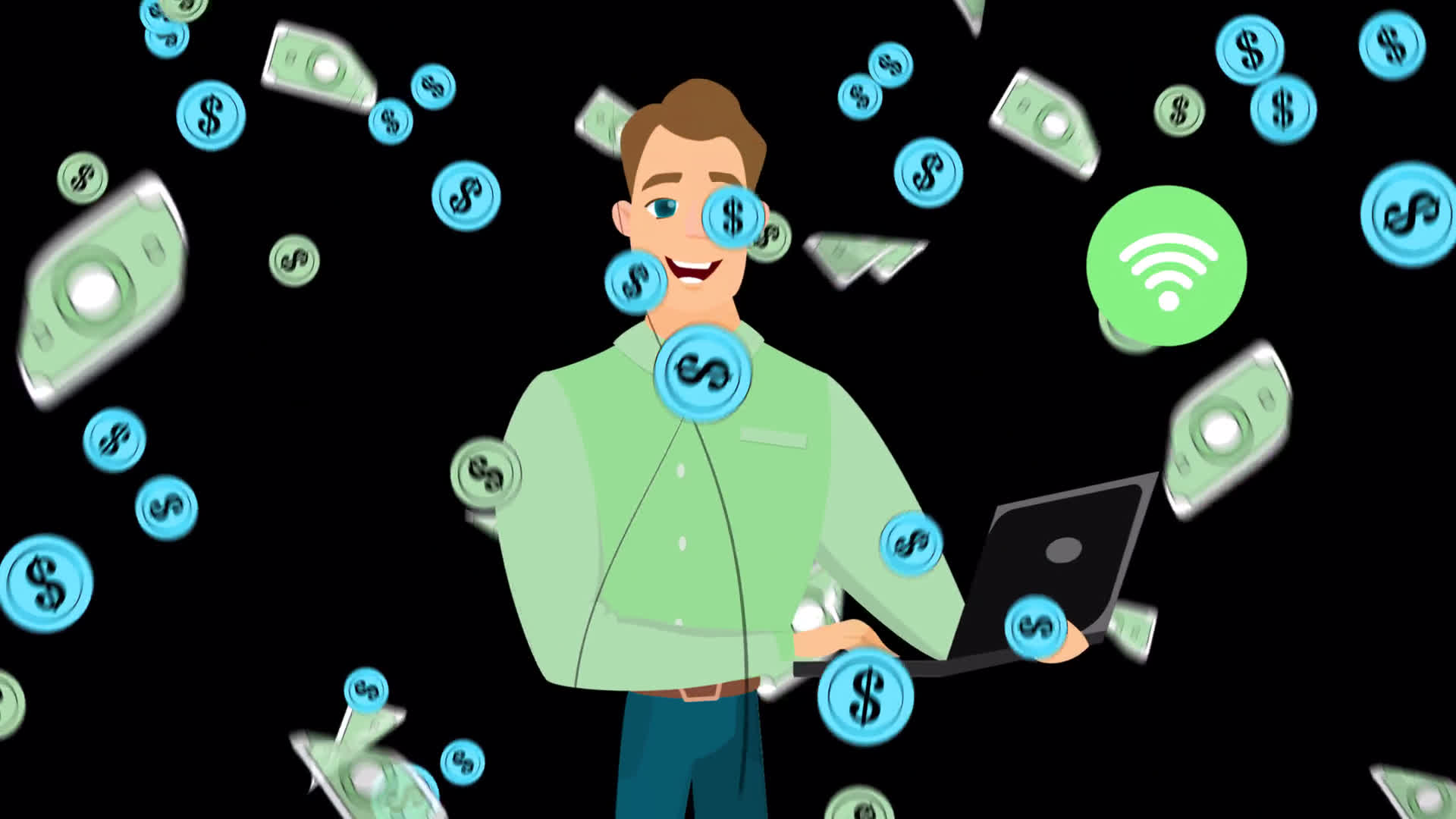 Money Raining Down on a Man Working Online On Alpha