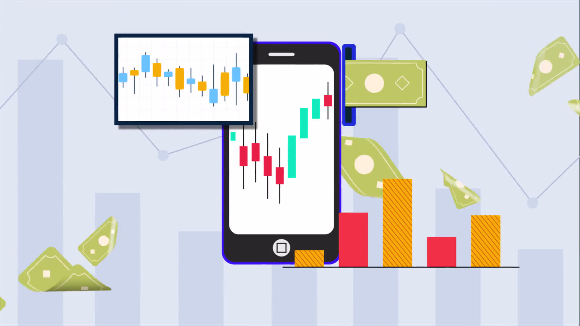 Smartphone Stock Charts And Currency Notes Transition On Alpha