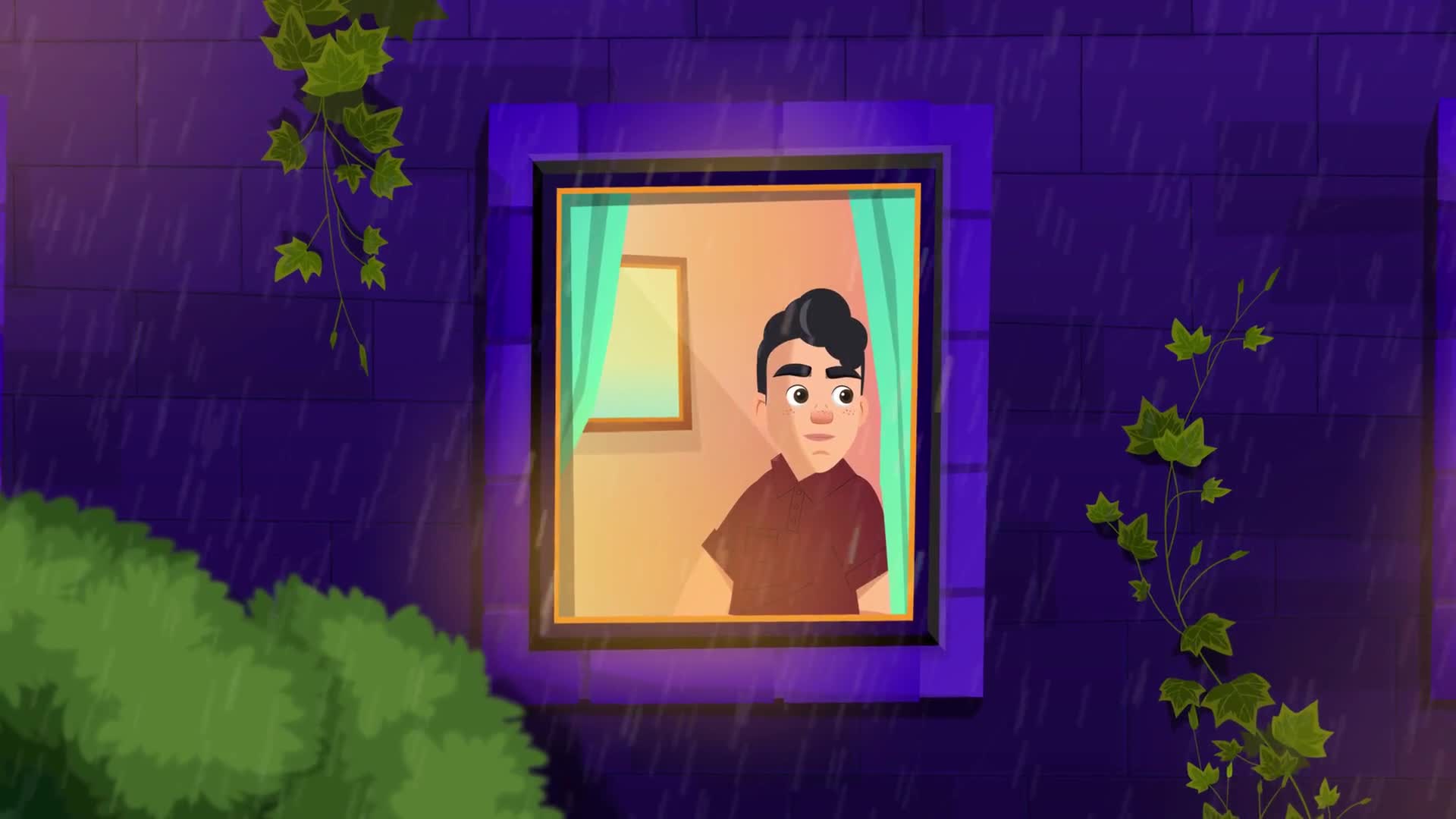 Young Man Standing By The Window On A Rainy Night