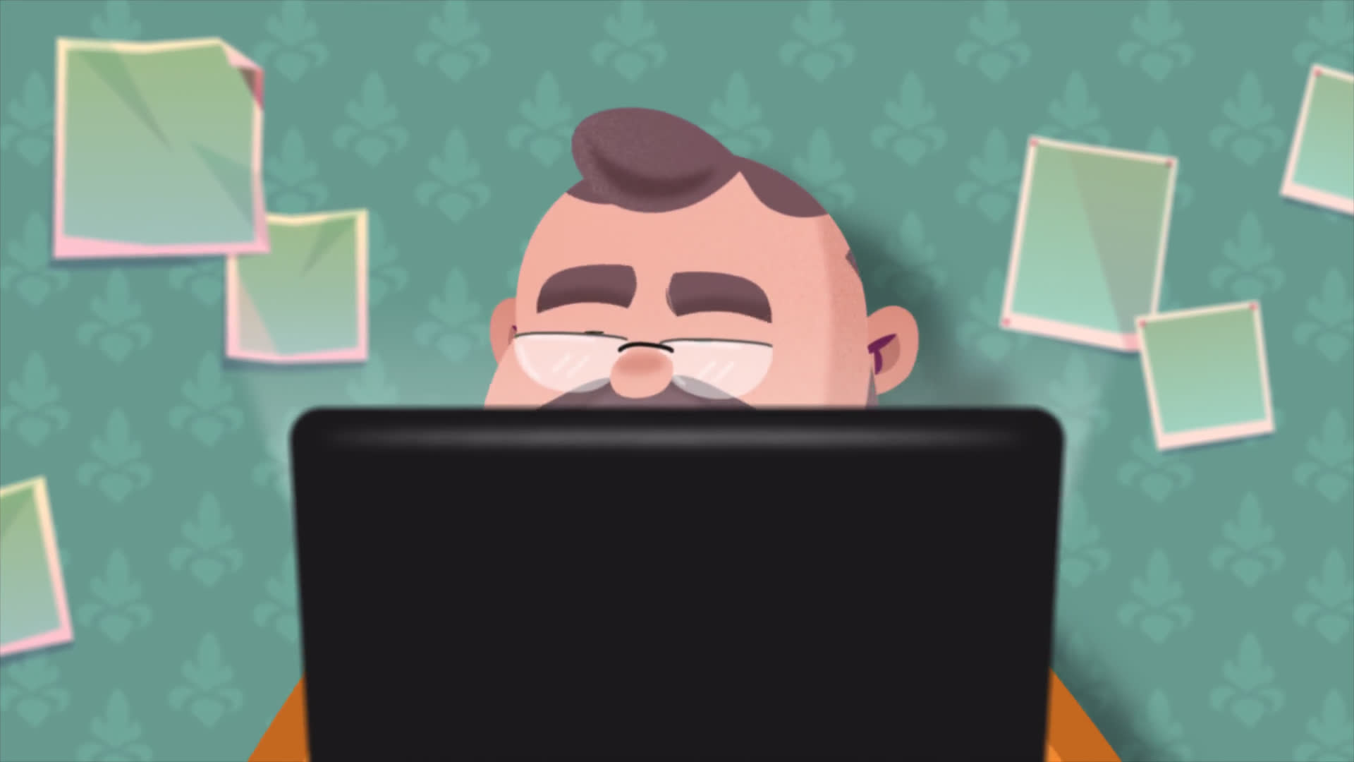 Cartoon Man On Laptop Background