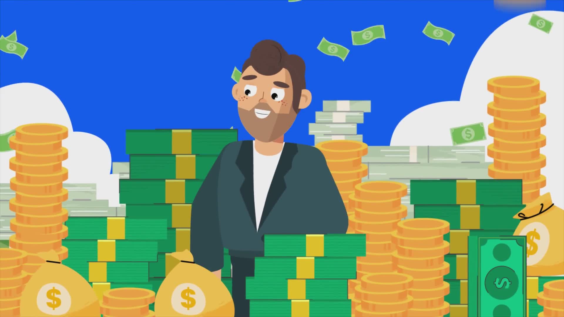 A Man Surrounded by Falling Money and Coins