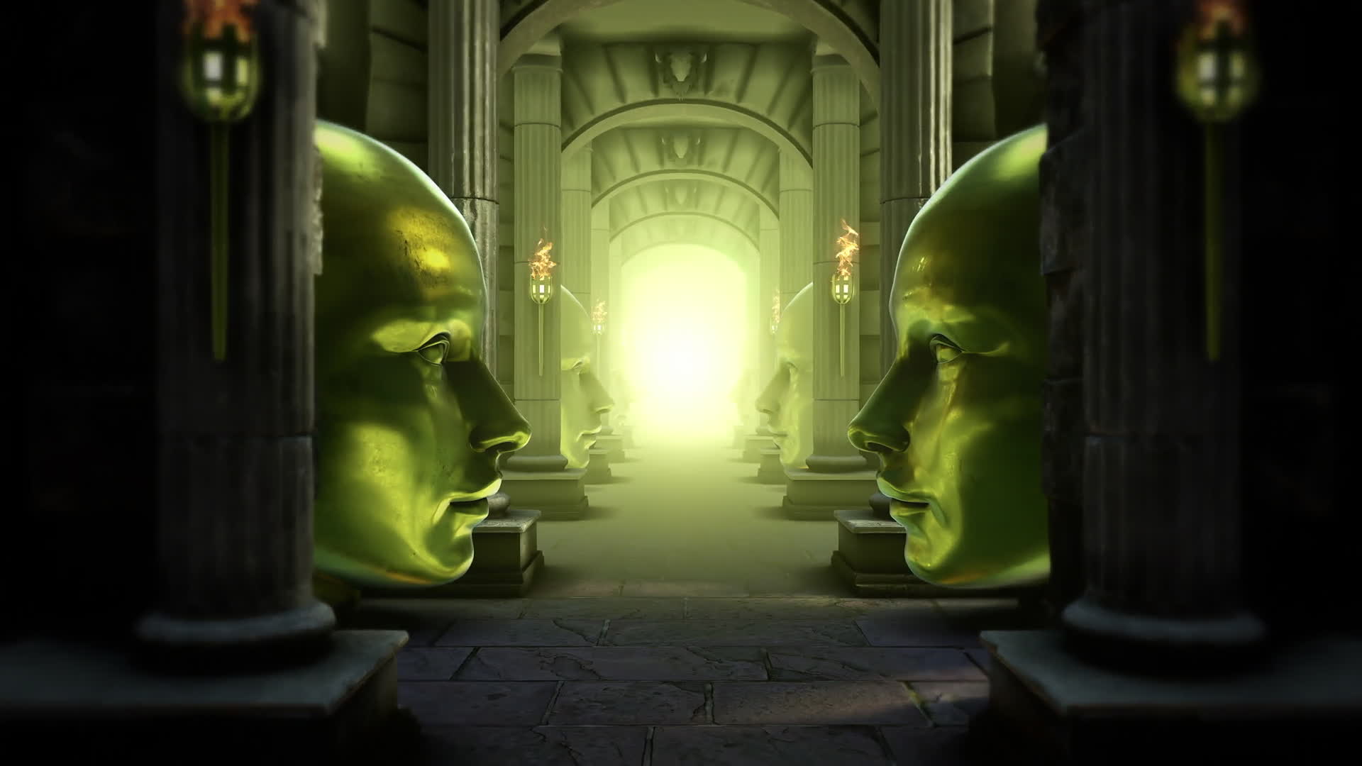 Ancient Hallway Of Huge Golden Head Statues