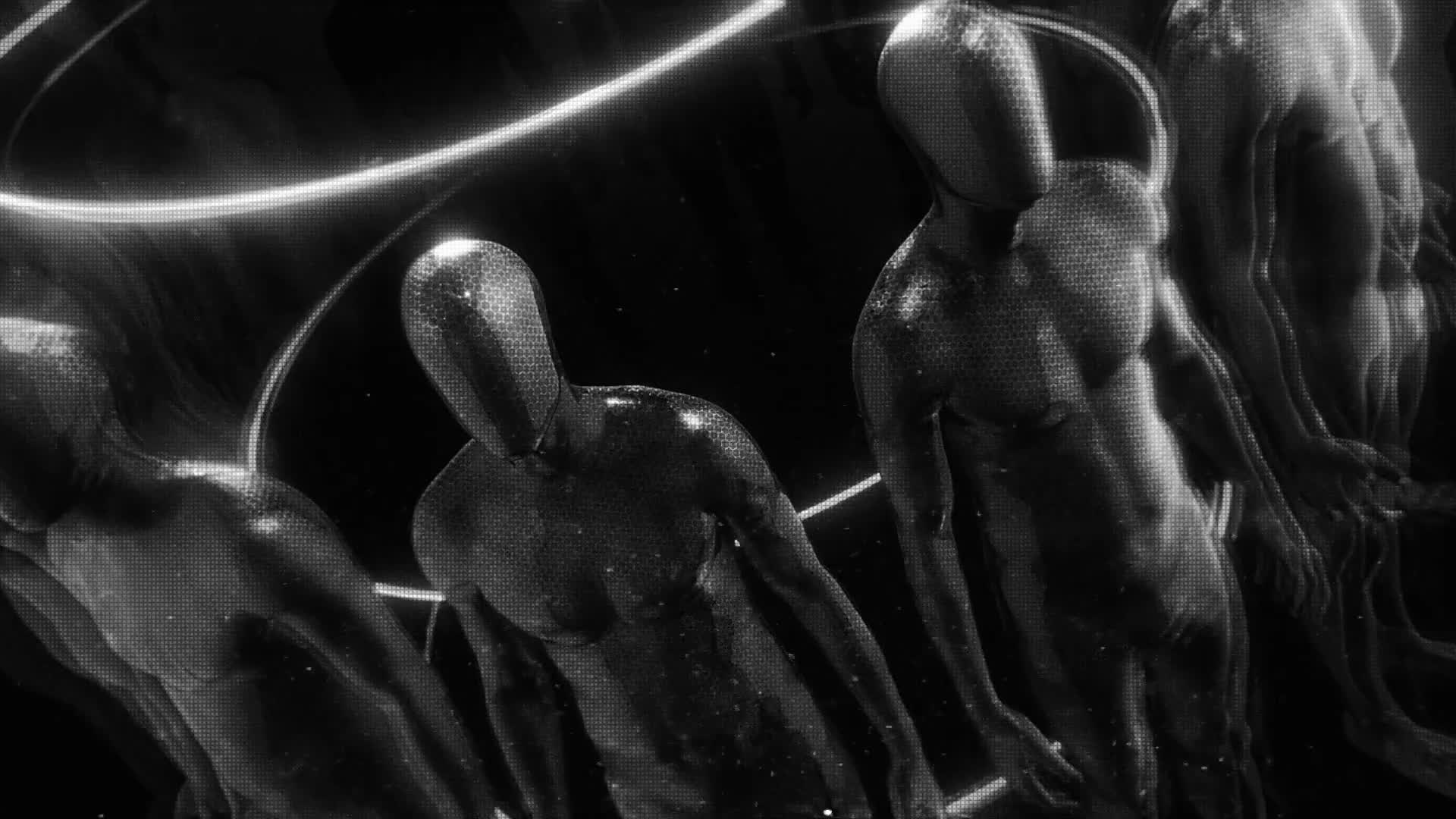 Black And White Film Of Humanoid Statues In A Circle