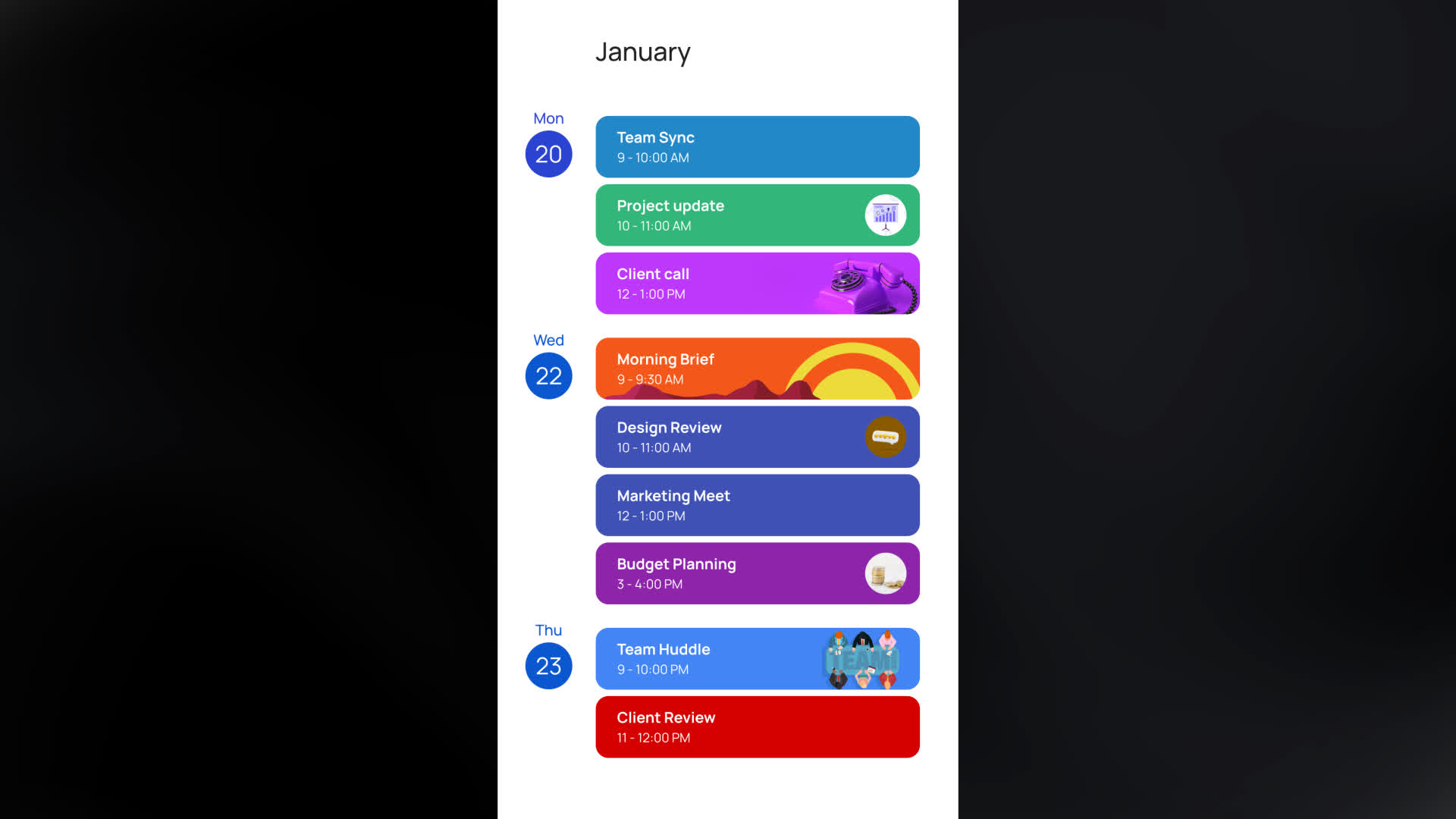 Calendar Events Schedule Cards With Icons