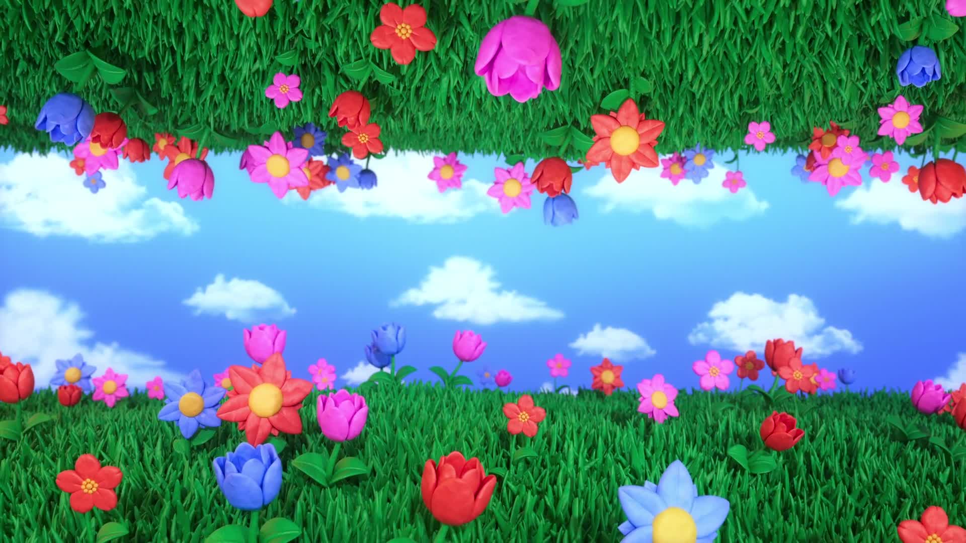 Colorful Animated Flower Meadow Frame with Blue Sky Copy Space