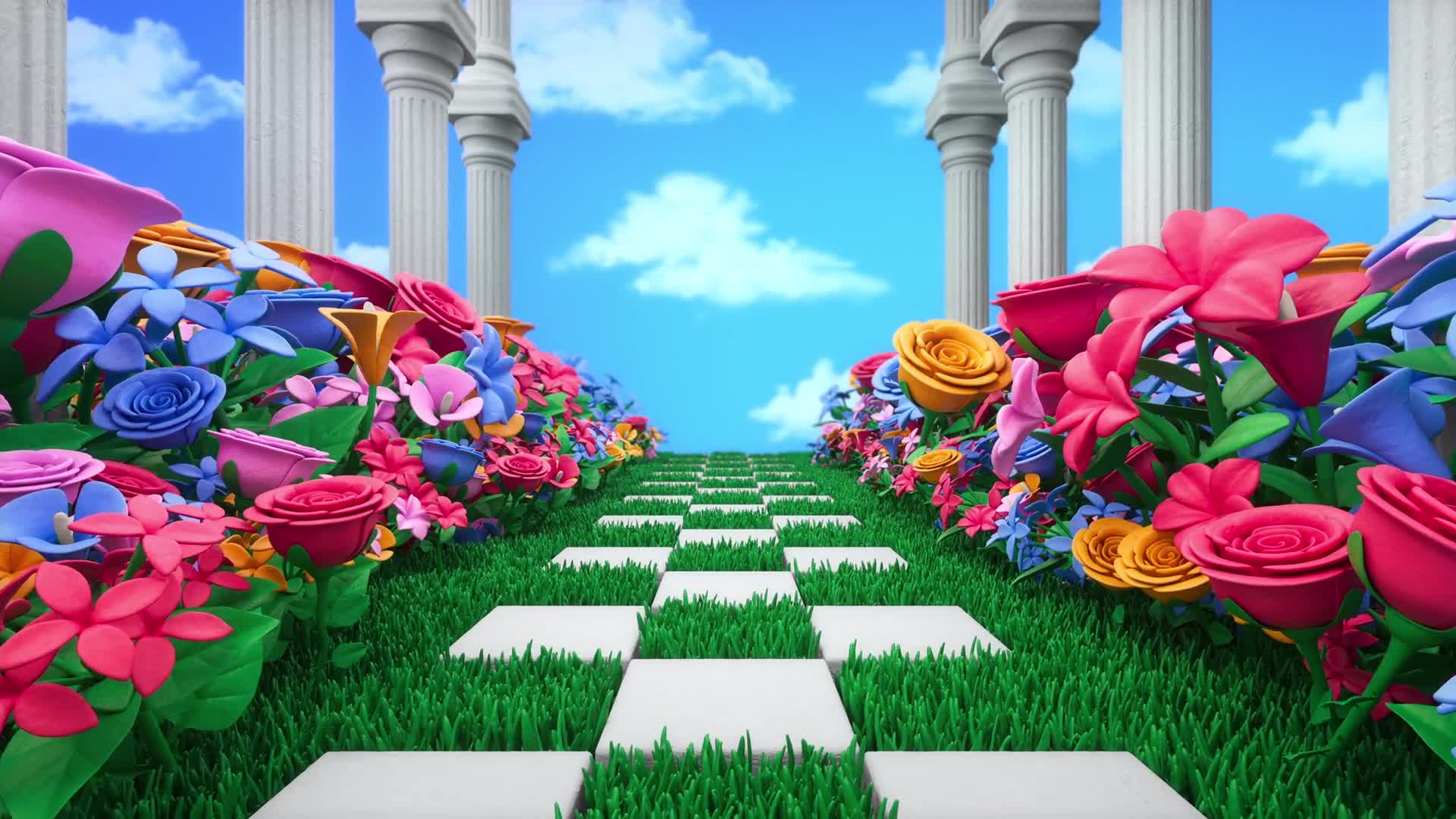 Colorful Fantasy Flower Garden Path Animation with Classical Columns