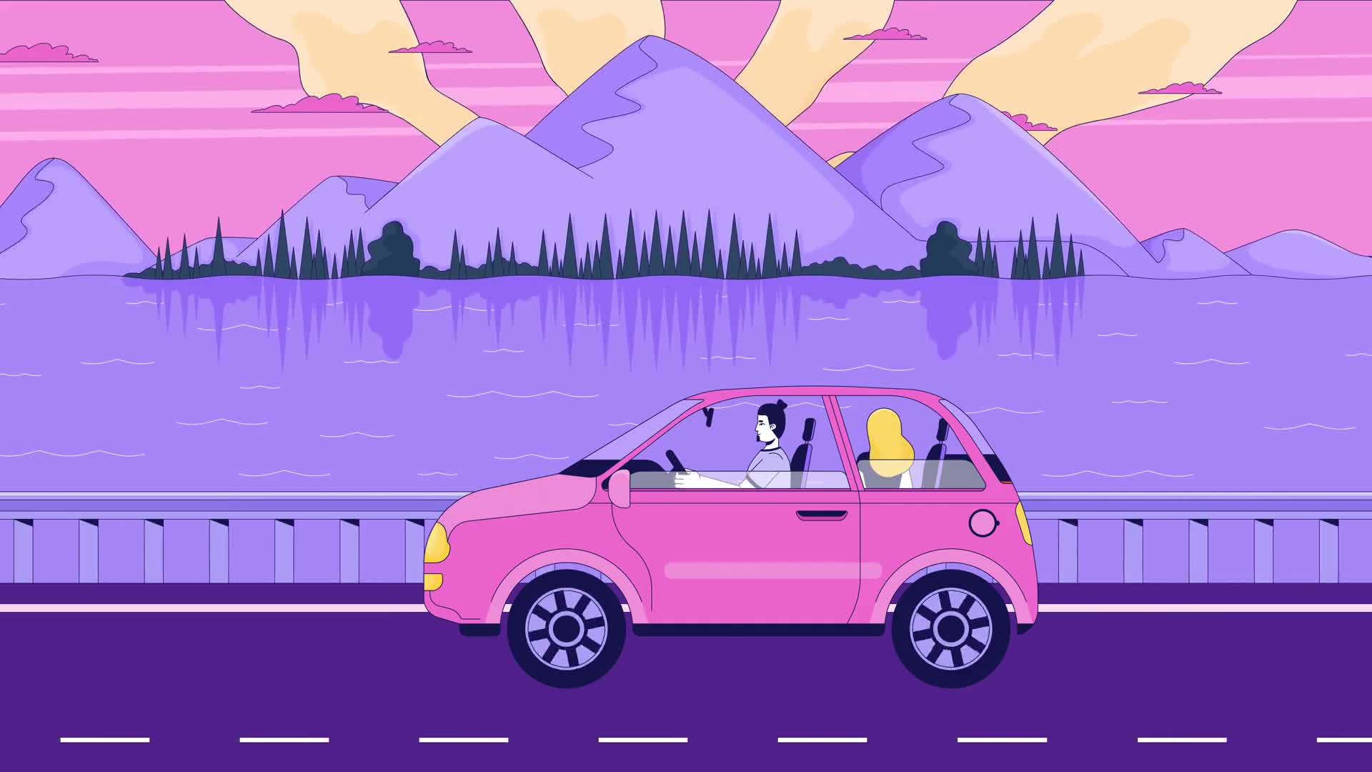 Couple Driving Sunset Lake Highway