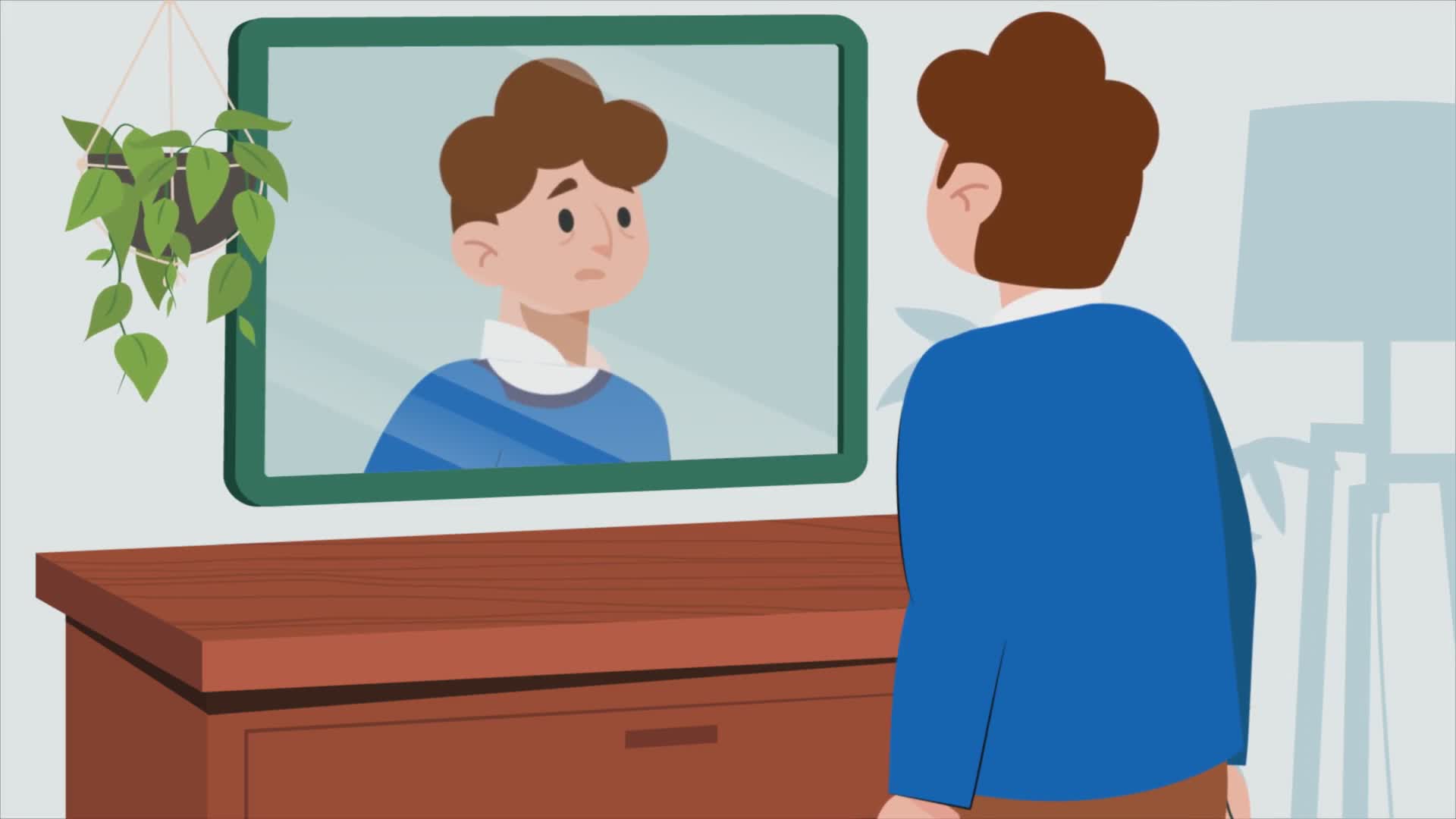 Disappointed Man Looking At Himself In The Mirror