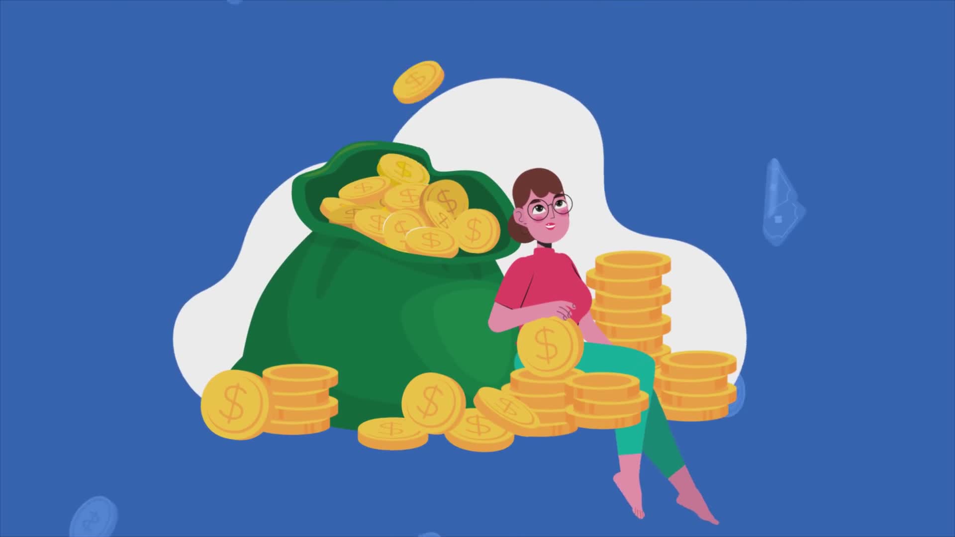 Girl Sitting Among Falling Dollar Coins