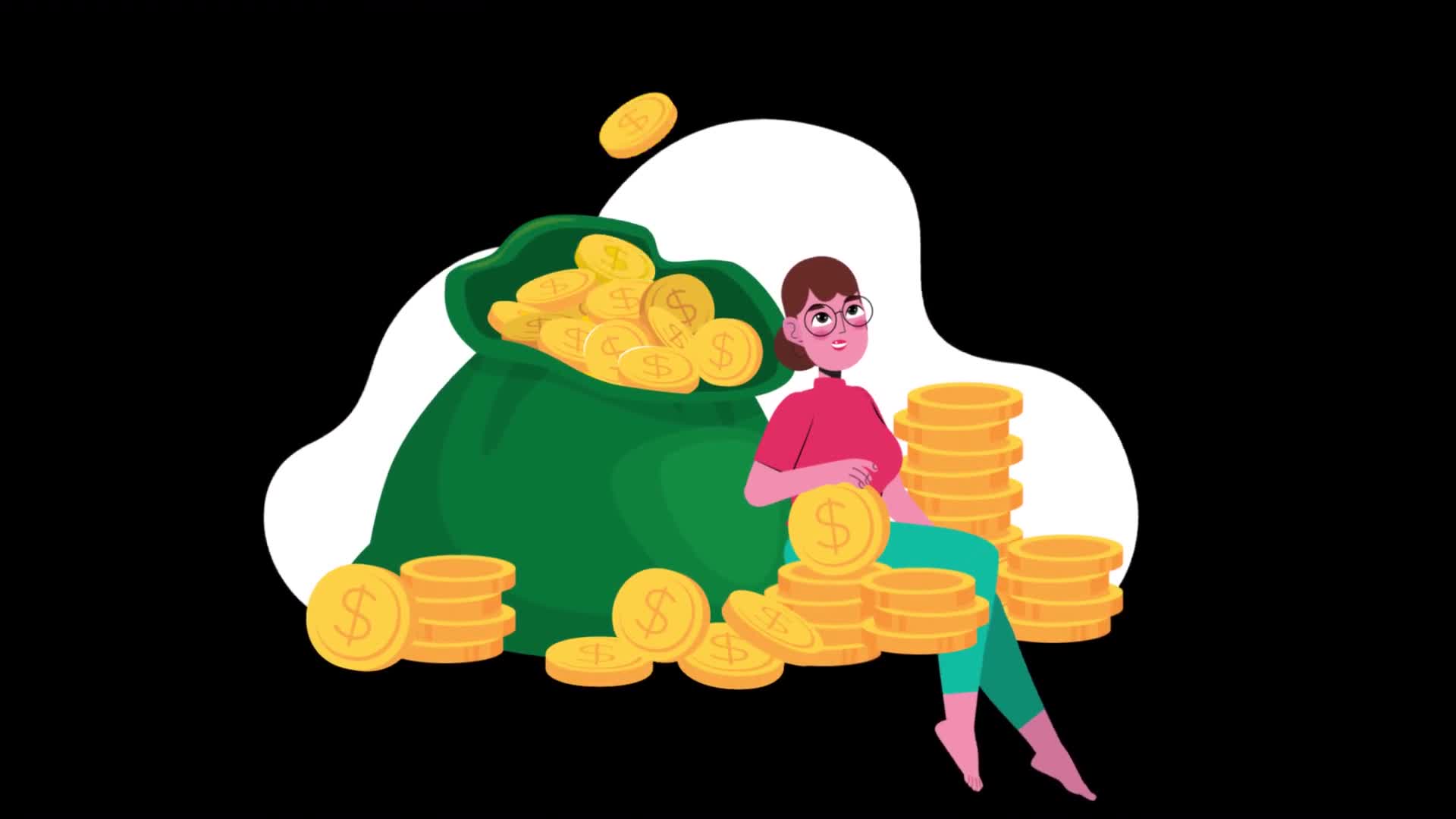 Girl Sitting Among Falling Dollar Coins On Alpha