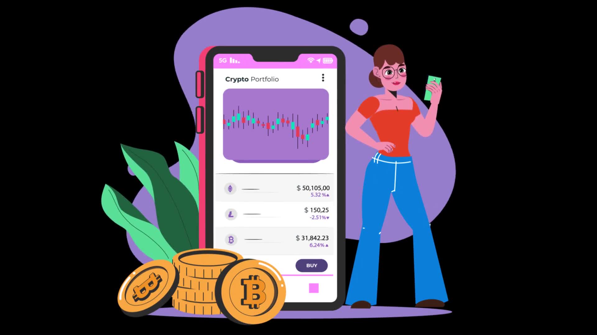 Girl Standing Beside A Giant Smartphone Exploring The Cryptocurrency Market On Alpha