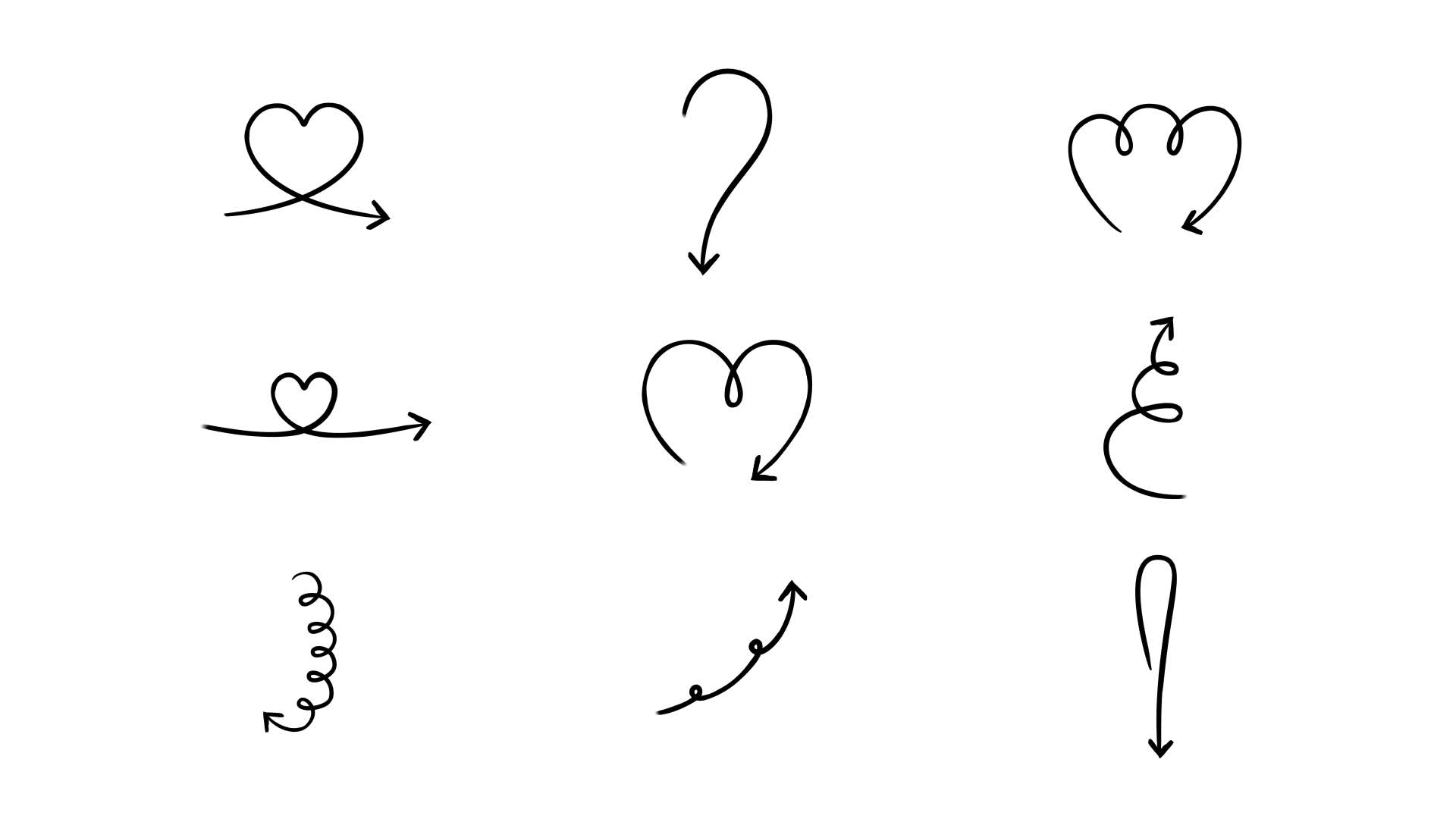 Heart Shaped And Curved Sketch Arrows Set