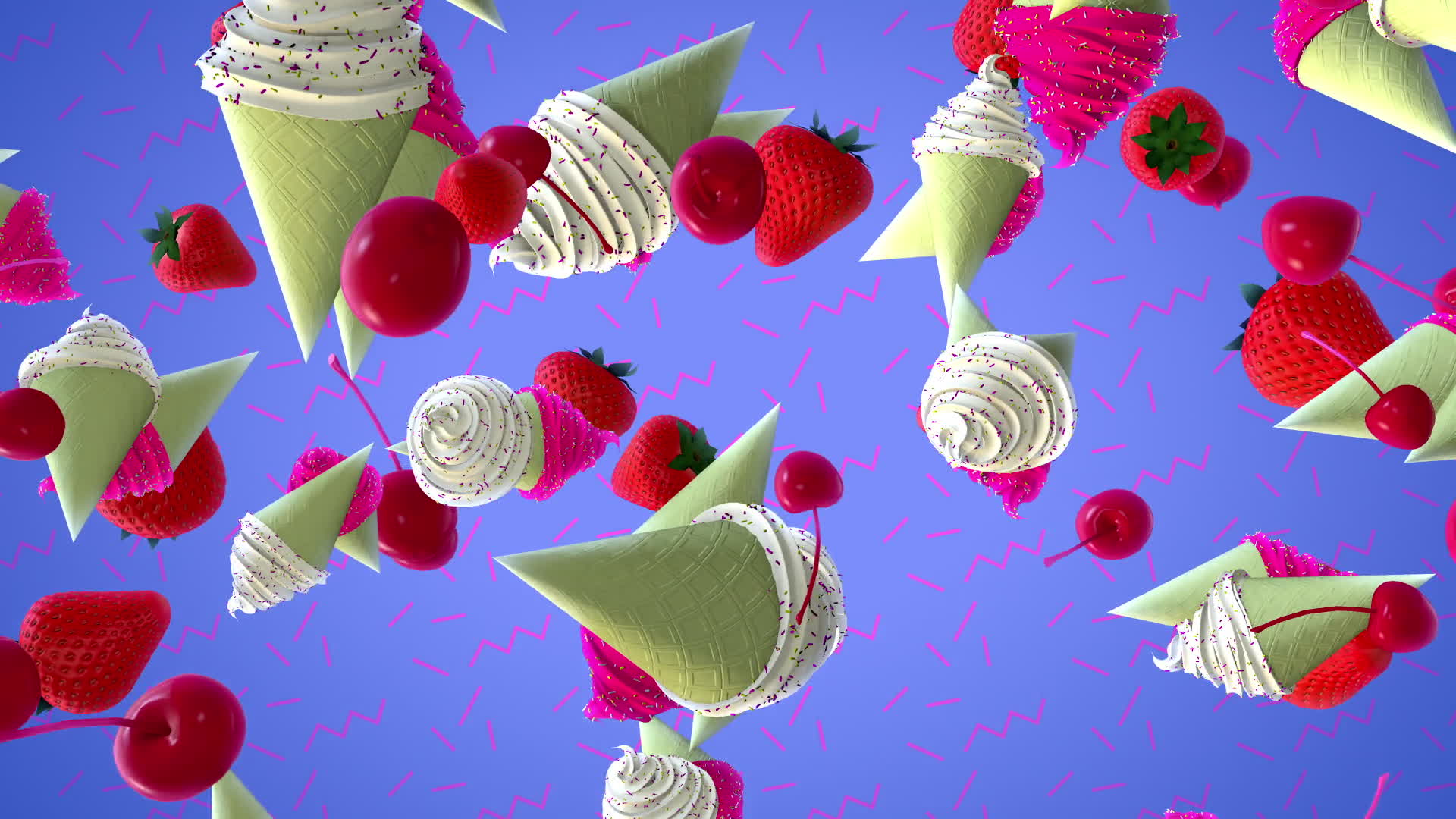 Icecream Cones And Fruit On Blue