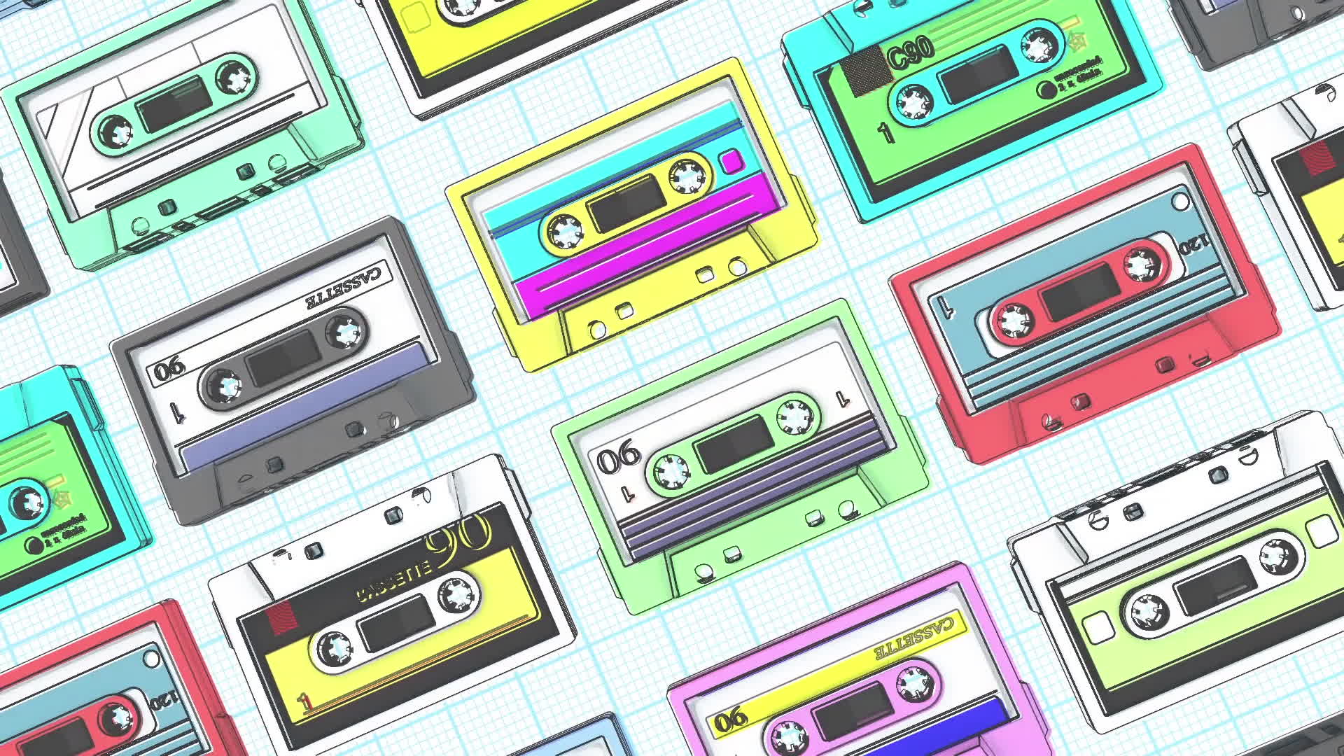 Lots Of Retro Cassette Tapes Outlines On White