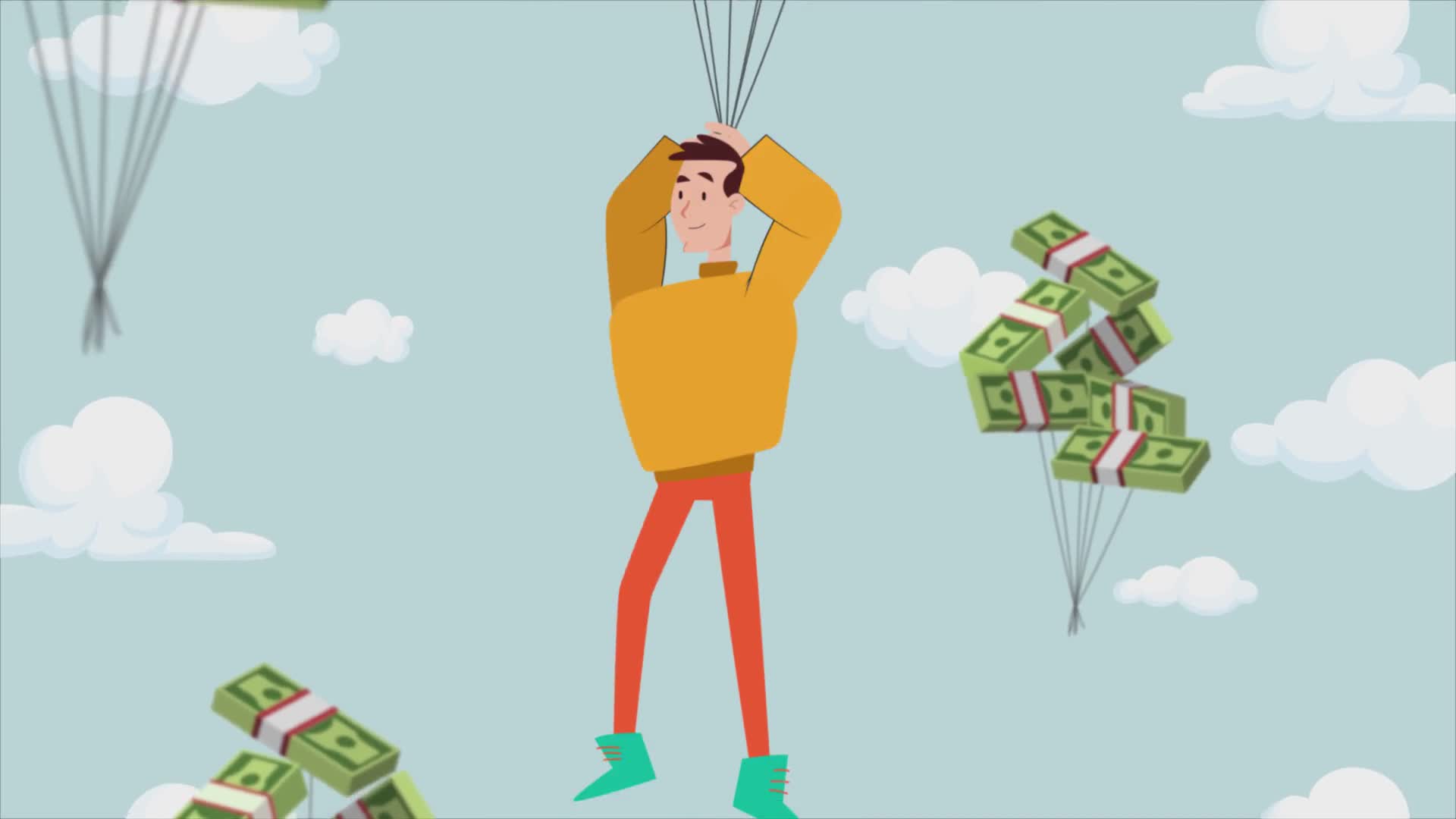 Man Hanging from Cash Bundles Rising in Sky