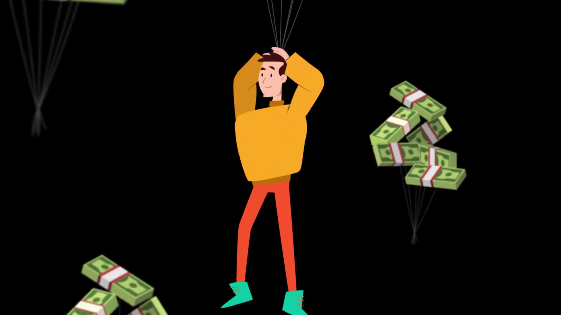 Man Hanging from Cash Bundles Rising in Sky On Alpha