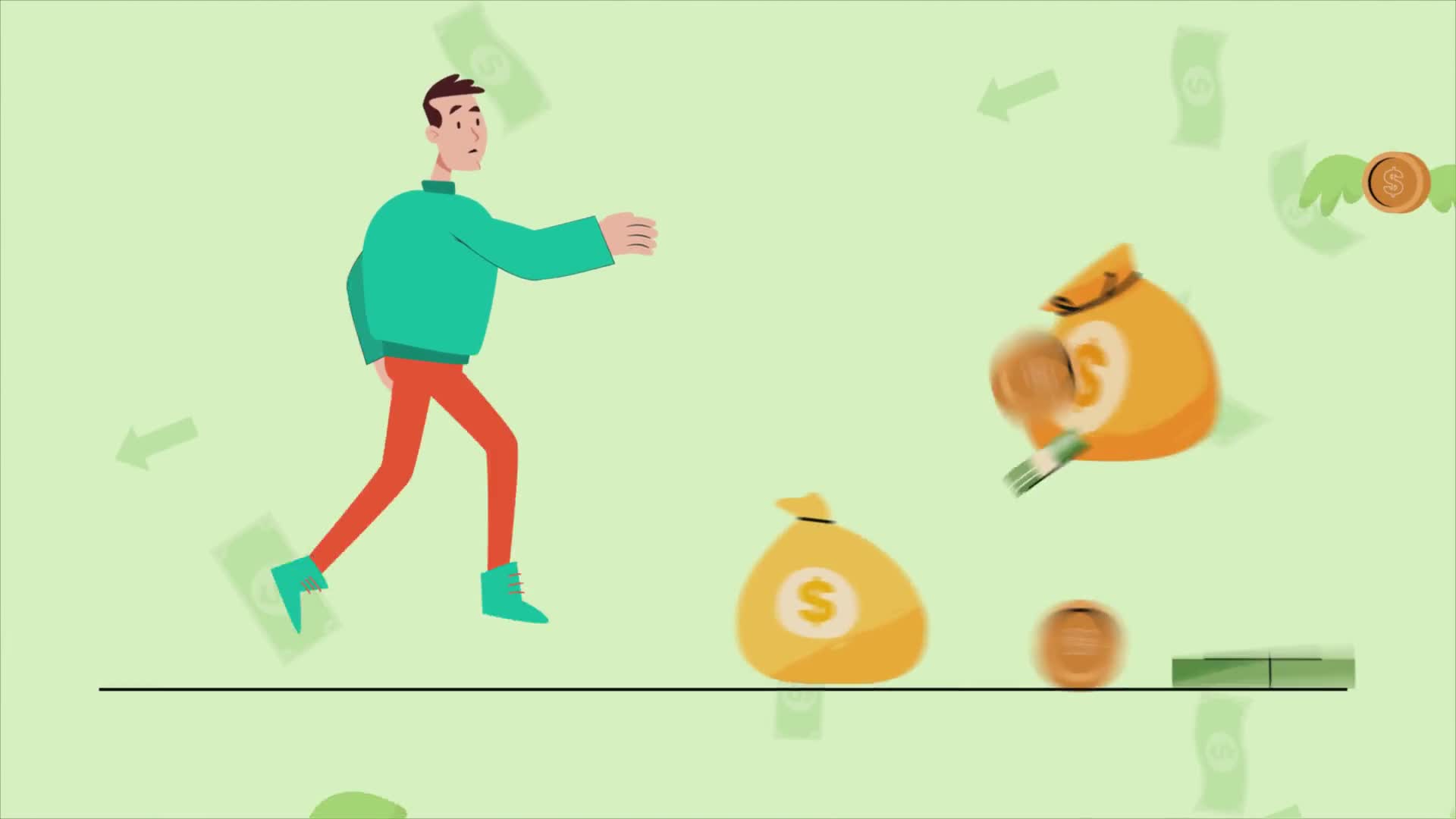 Man Running After Bags of Money and Coins