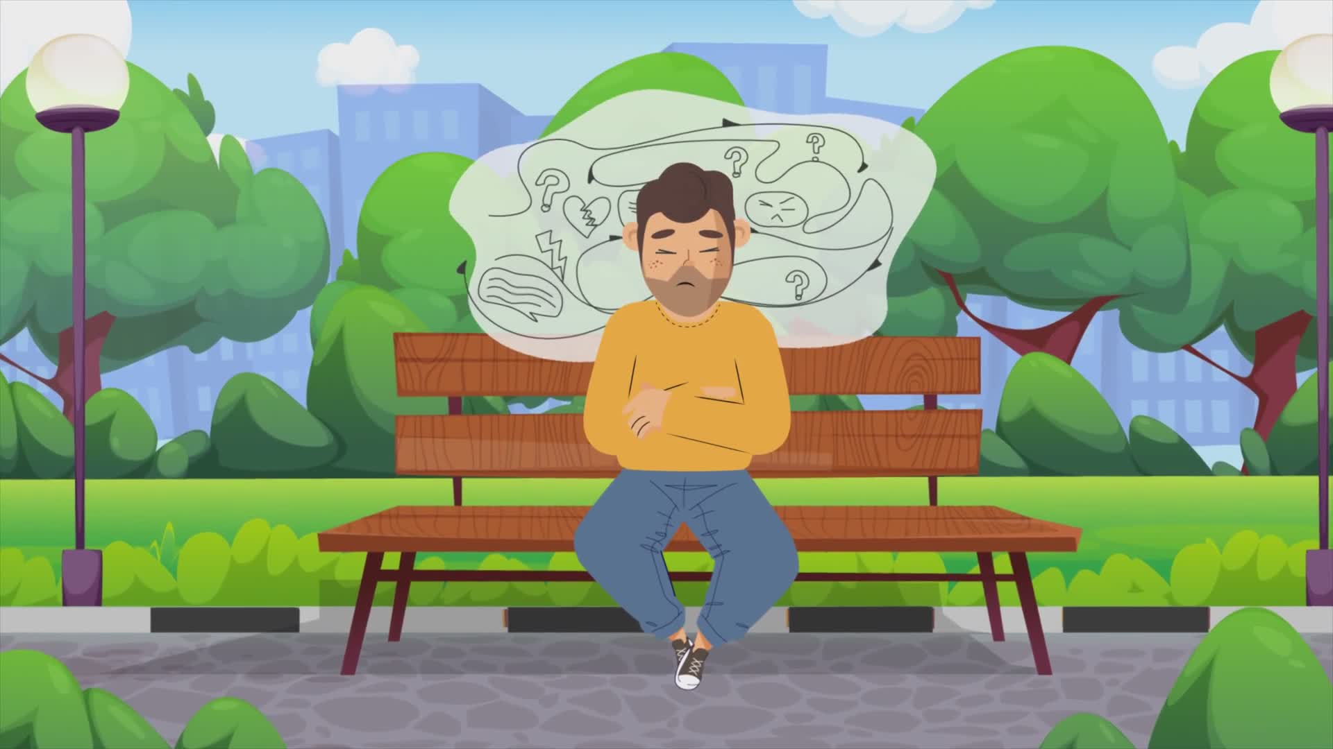 Man Sitting Alone on Park Bench Thinking