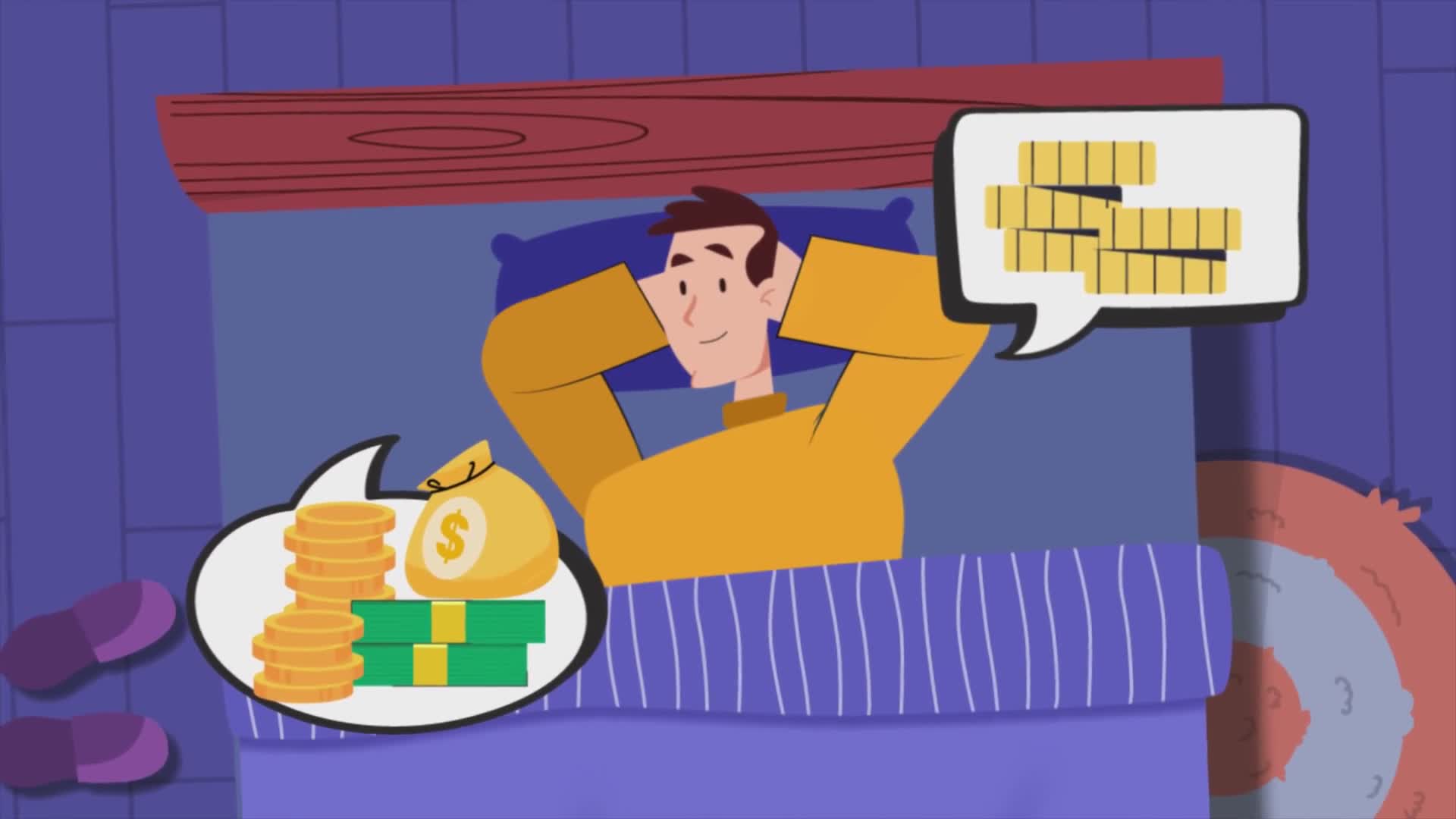 Man Sleeping in Bed Dreaming of Money