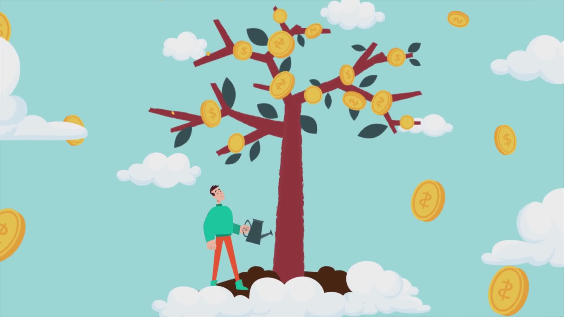 Man Watering Tree Growing Coins