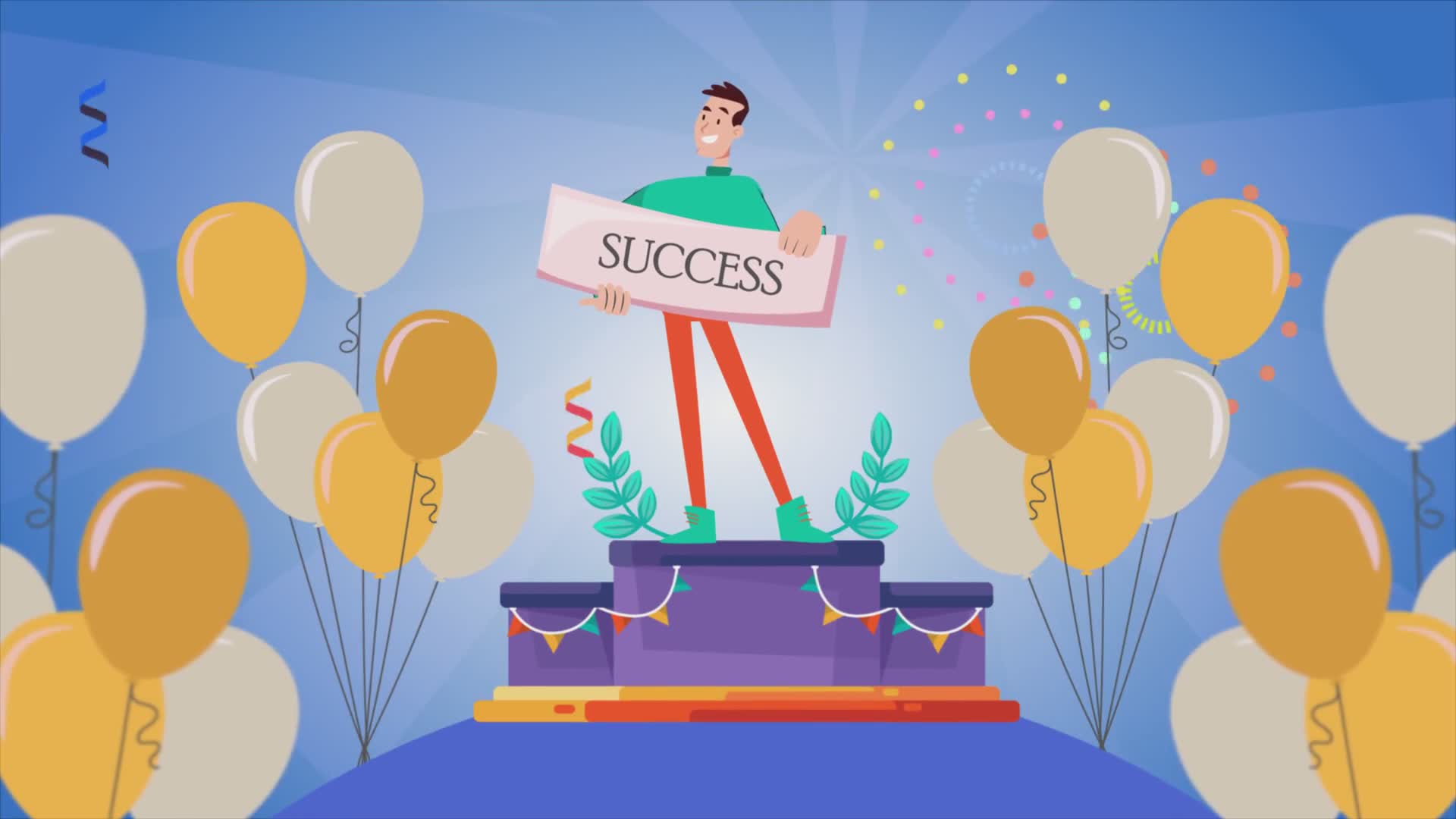 Man on Victory Podium Holding Success Sign