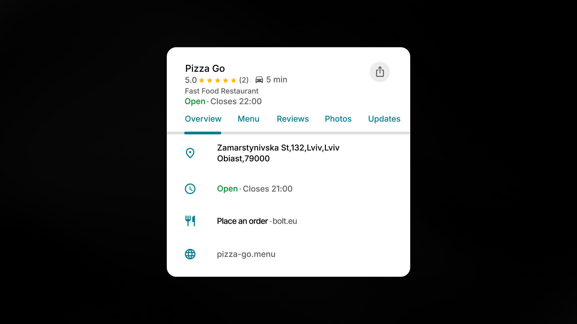 Maps Location Card With Business Overview