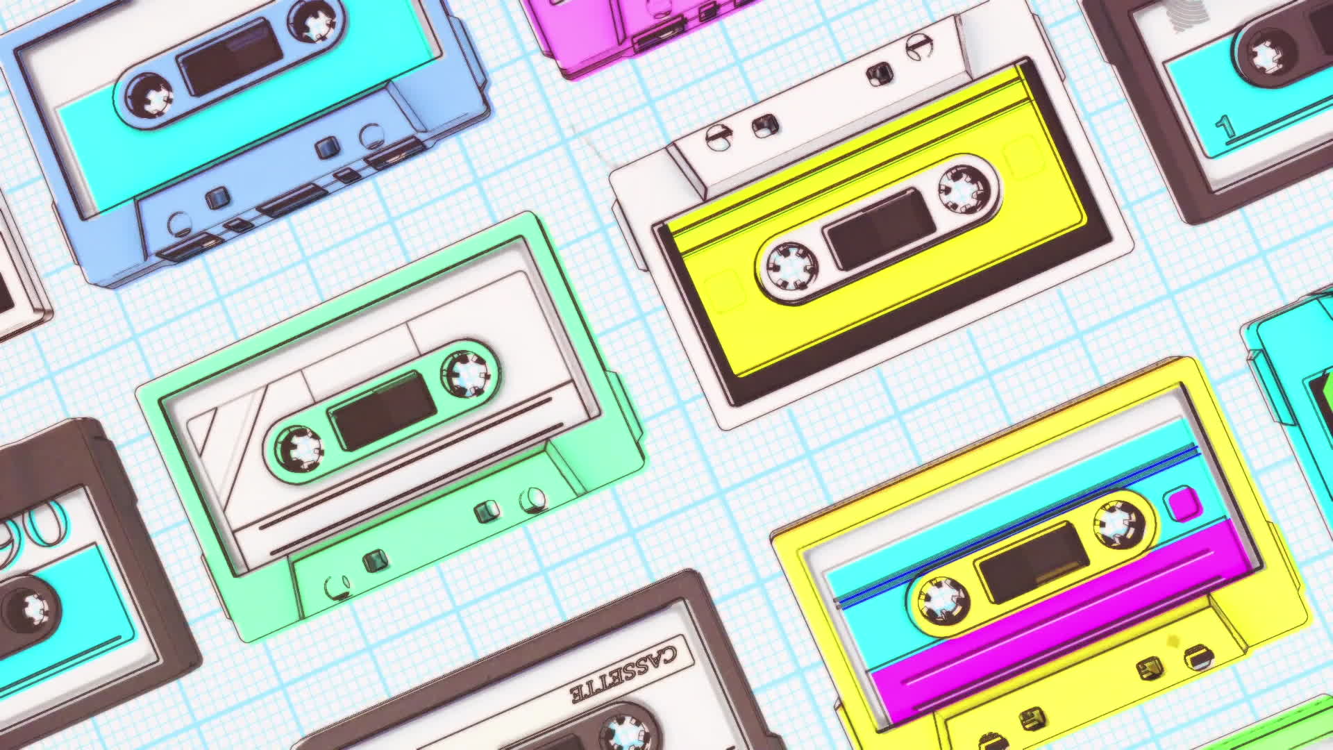 Retro Cassette Tapes Outlines On White