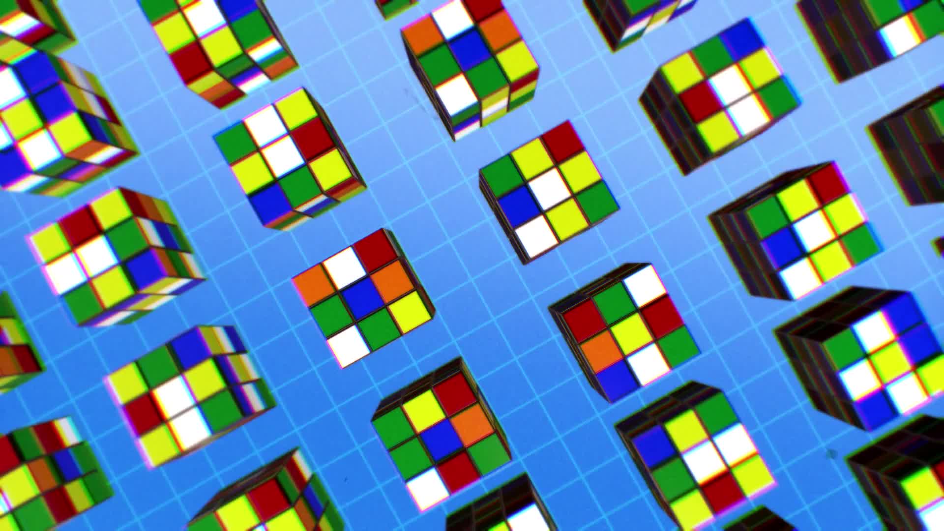 Retro Rubik's Cubes On Blue Grid