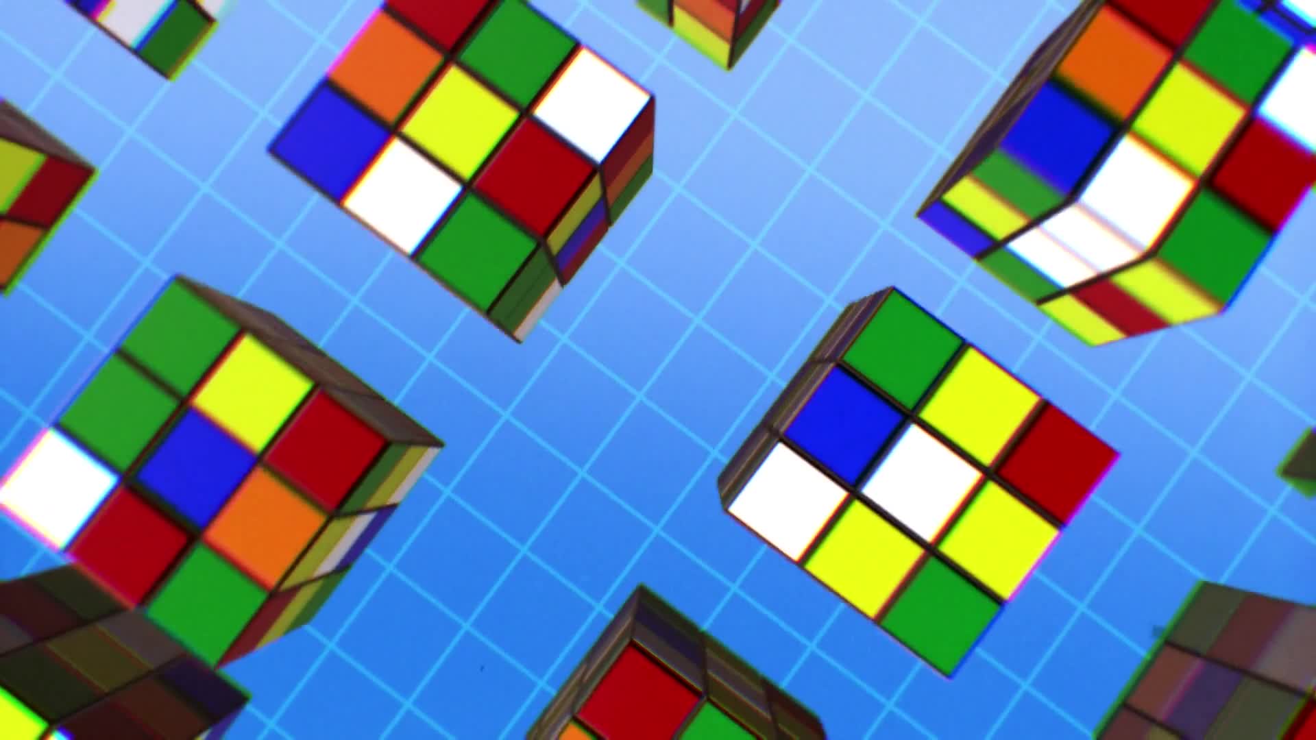 Retro Rubik's Cubes On Blue Grid Grain