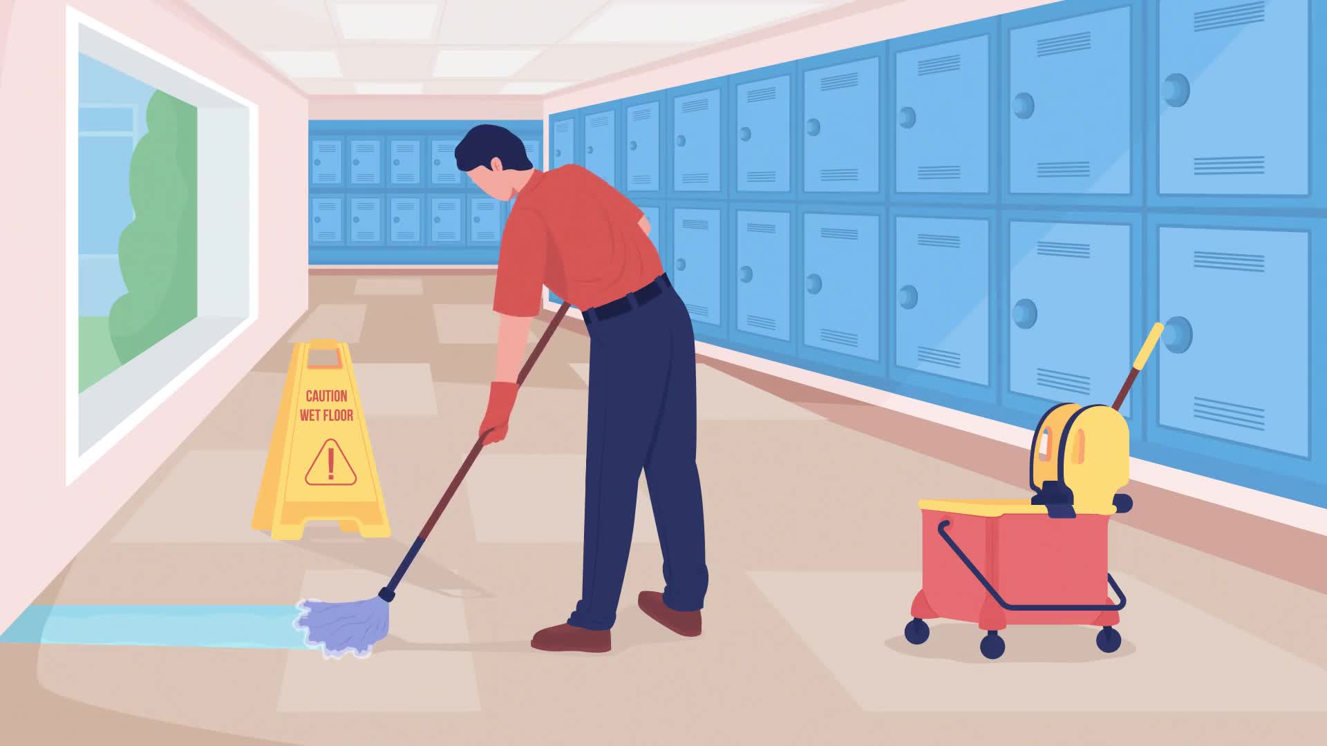 School Janitor In Hallway