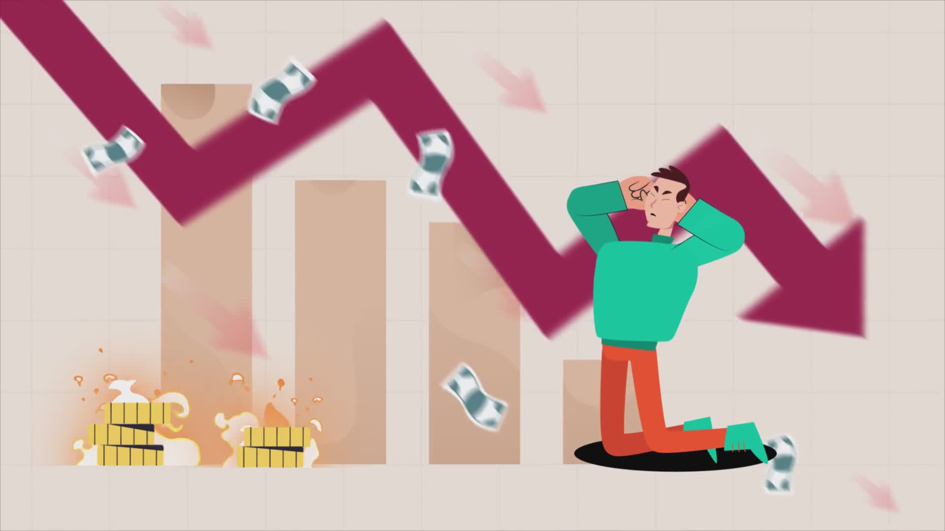 Stressed Man Among Falling Charts and Financial Losses