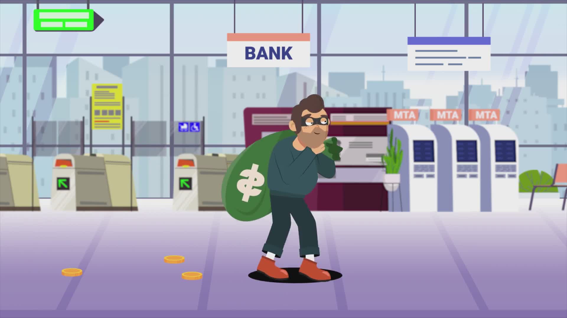 Thief Stealing from Bank Carrying Money Bag
