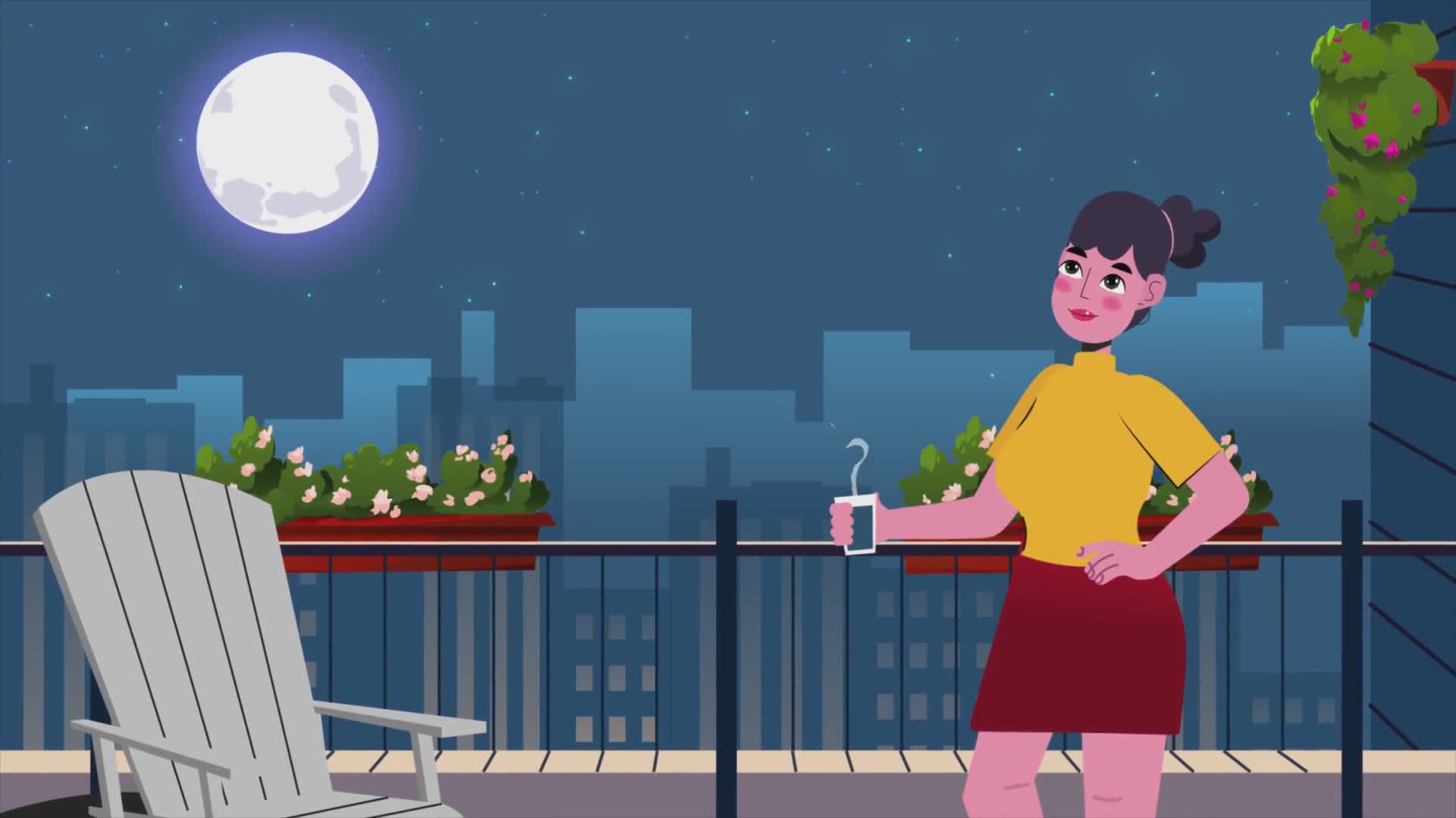 Woman Drinking Coffee on Balcony Under Moonlight