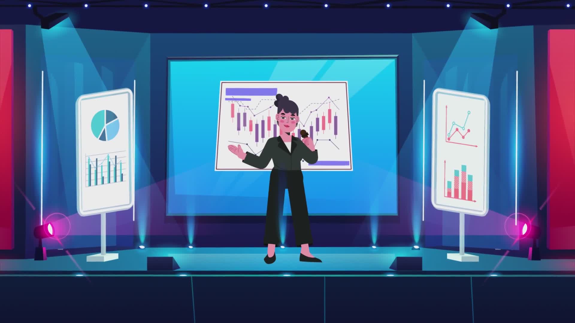Woman Explaining Business and Financial Charts on Stage