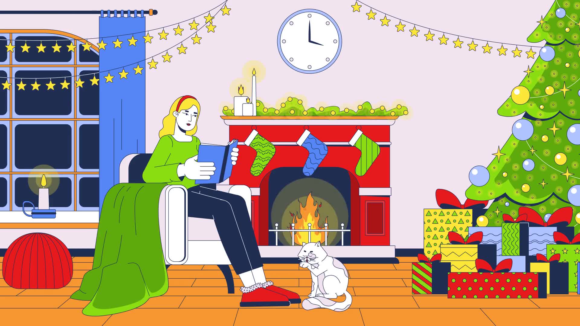 Woman Reading Book Fireplace Christmas