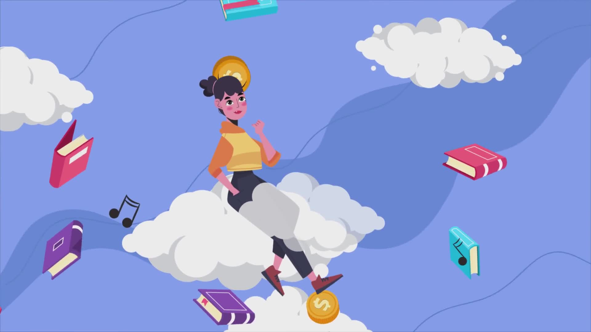 Woman Sitting on Clouds Heading to Success