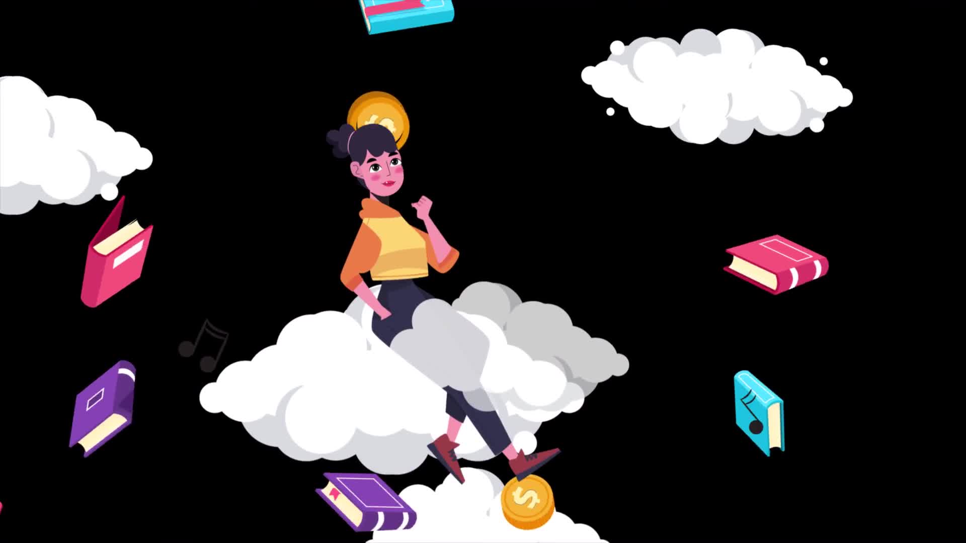 Woman Sitting on Clouds Heading to Success On Alpha
