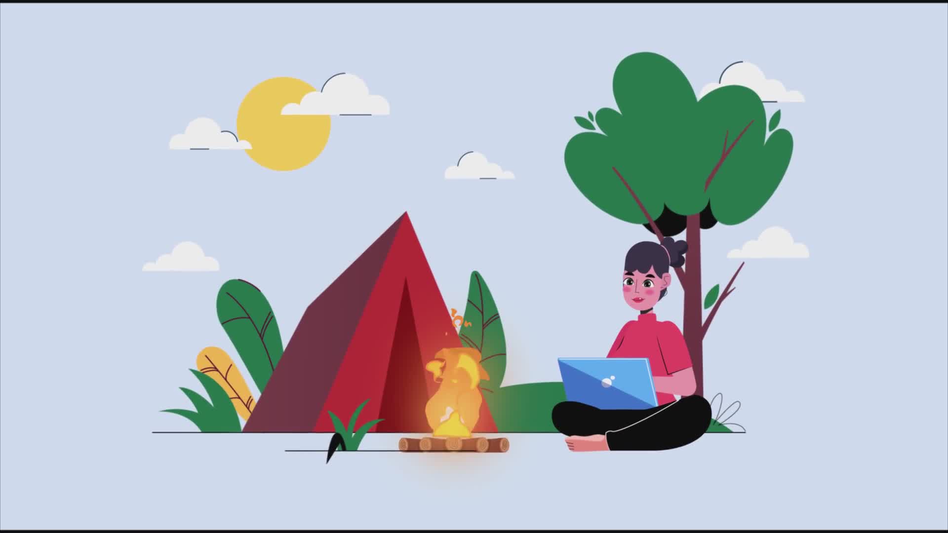 Woman With A Laptop Camping In The Forest