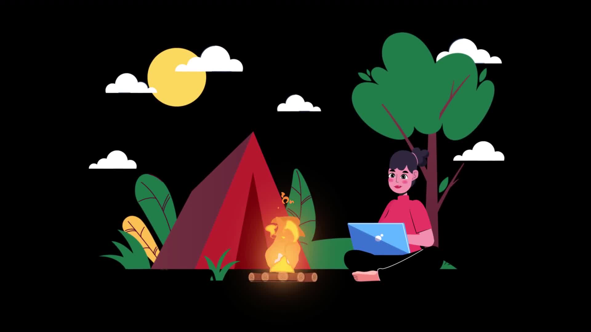 Woman With A Laptop Camping In The Forest On Alpha