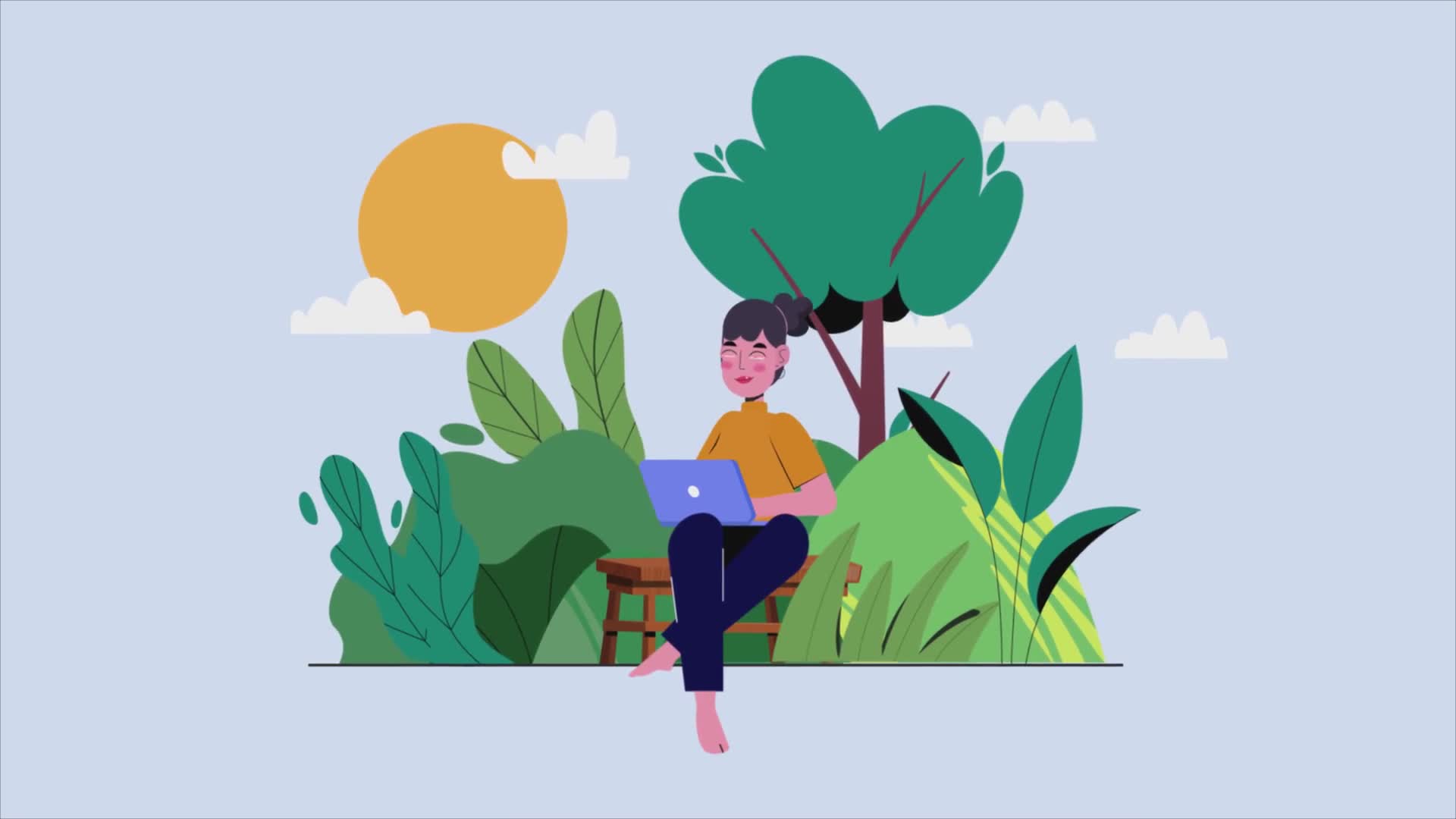 Woman Working On A Laptop In A Forest Park